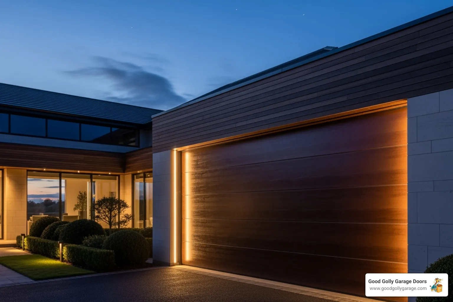 Secure, closed garage door on a modern luxury home at dusk, with exterior lighting highlighting its features - garage door repair for luxury homes in las vegas nv