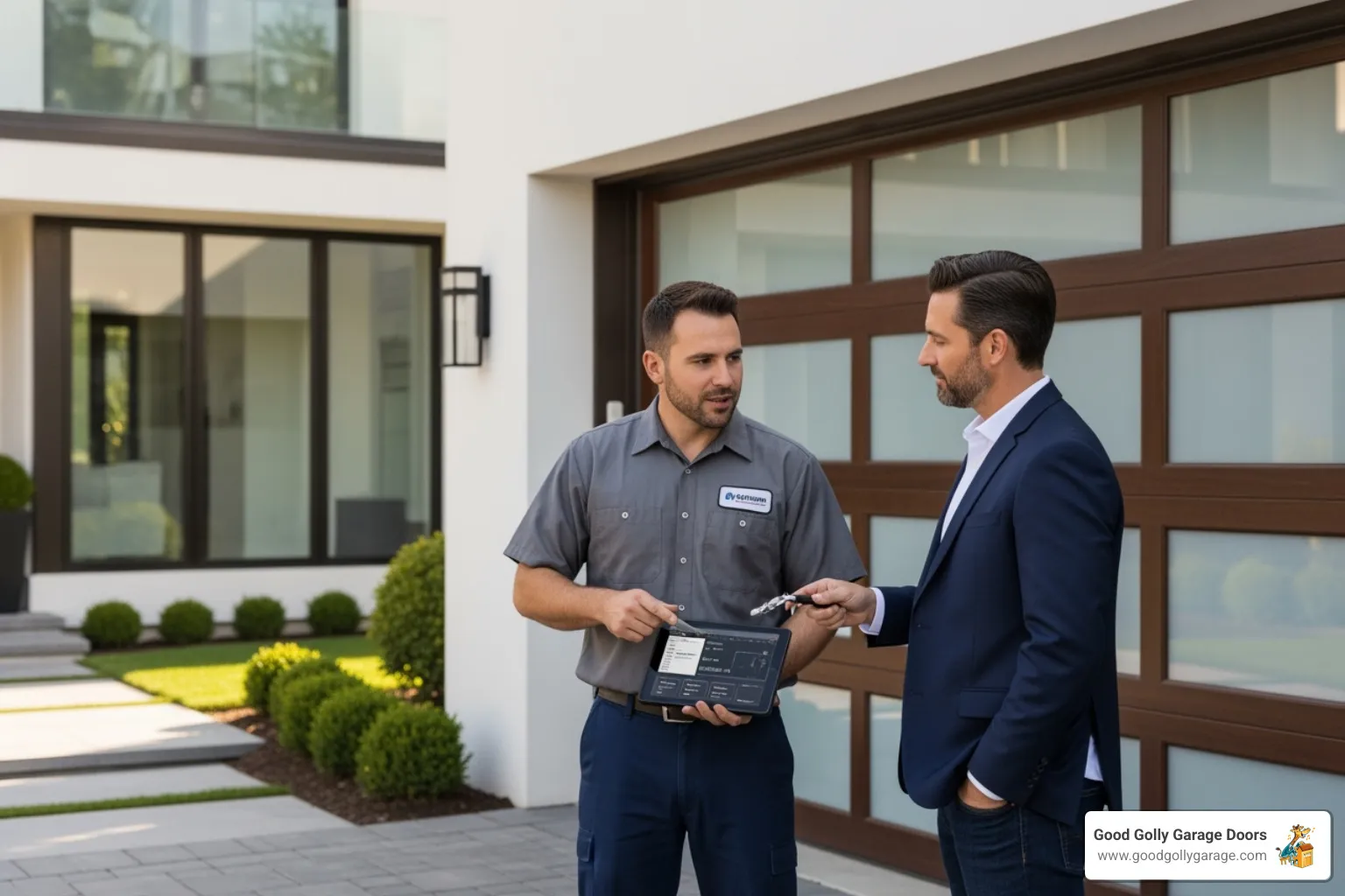 Professional, uniformed technician discussing a repair with a homeowner in front of a luxury garage - garage door repair for luxury homes in las vegas nv