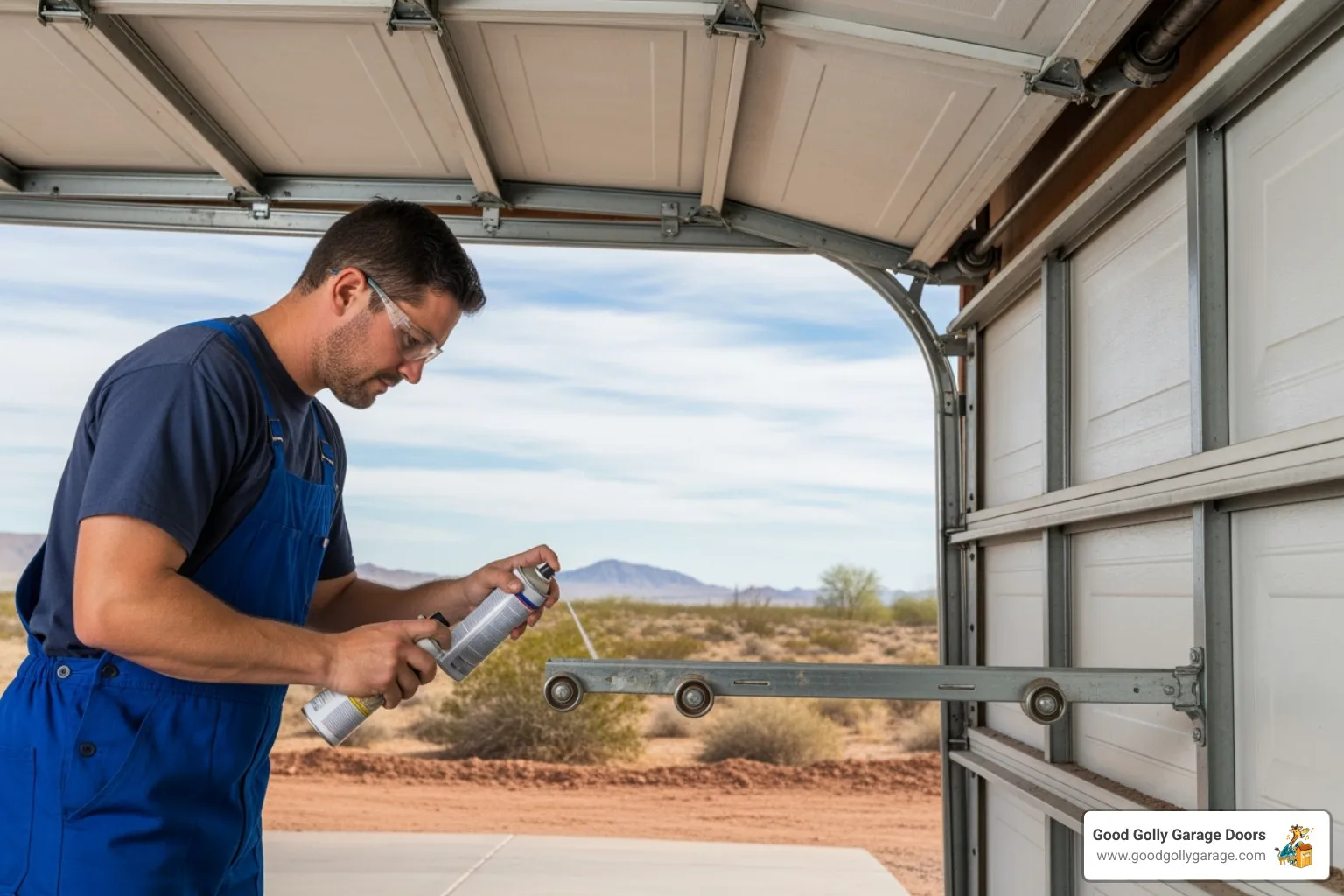 Technician lubricating the rollers on a garage door track with the dusty Las Vegas landscape in the background - garage door repair for luxury homes in las vegas nv