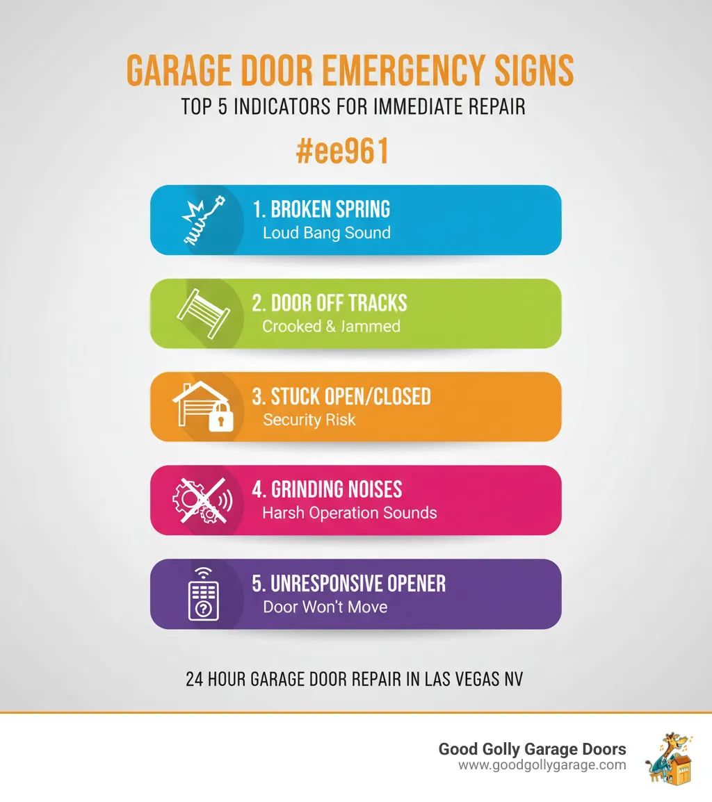 Infographic showing the top 5 signs of a garage door emergency: broken spring with loud bang, door off tracks and crooked, door stuck open or closed creating security risk, grinding or scraping noises during operation, and unresponsive opener with door that won't move - 24 hour garage door repair in las vegas nv infographic 