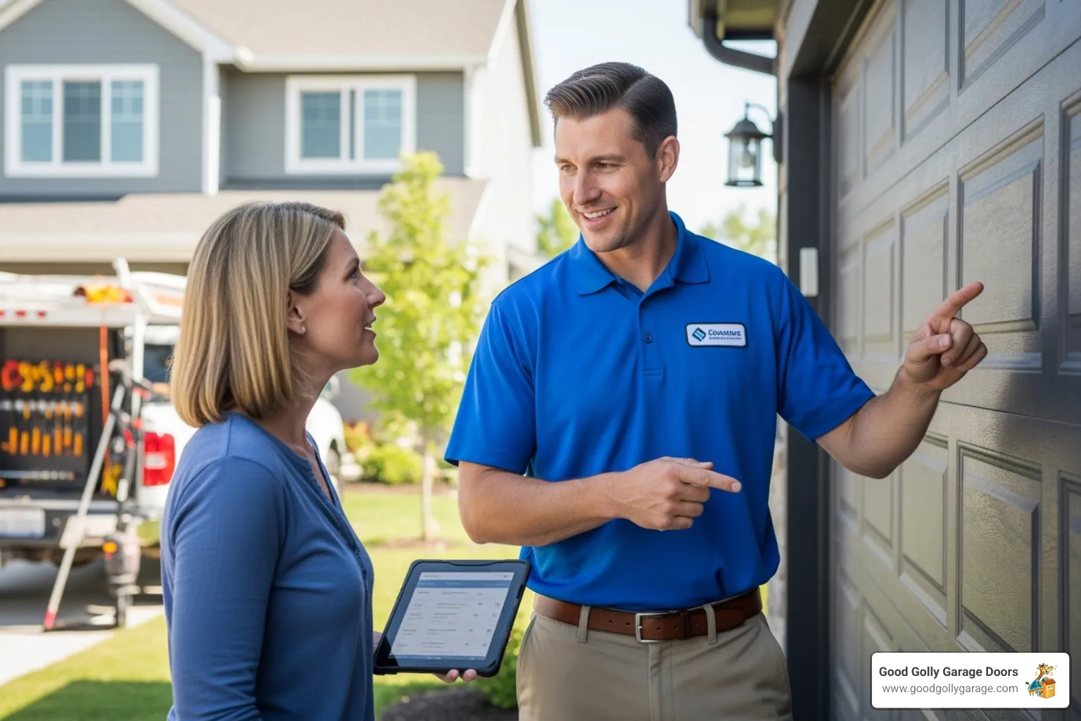 A friendly technician in a uniform speaks with a homeowner, pointing towards the garage door while holding a tablet, indicating clear communication and on-site assessment - 24 hour garage door repair in las vegas nv