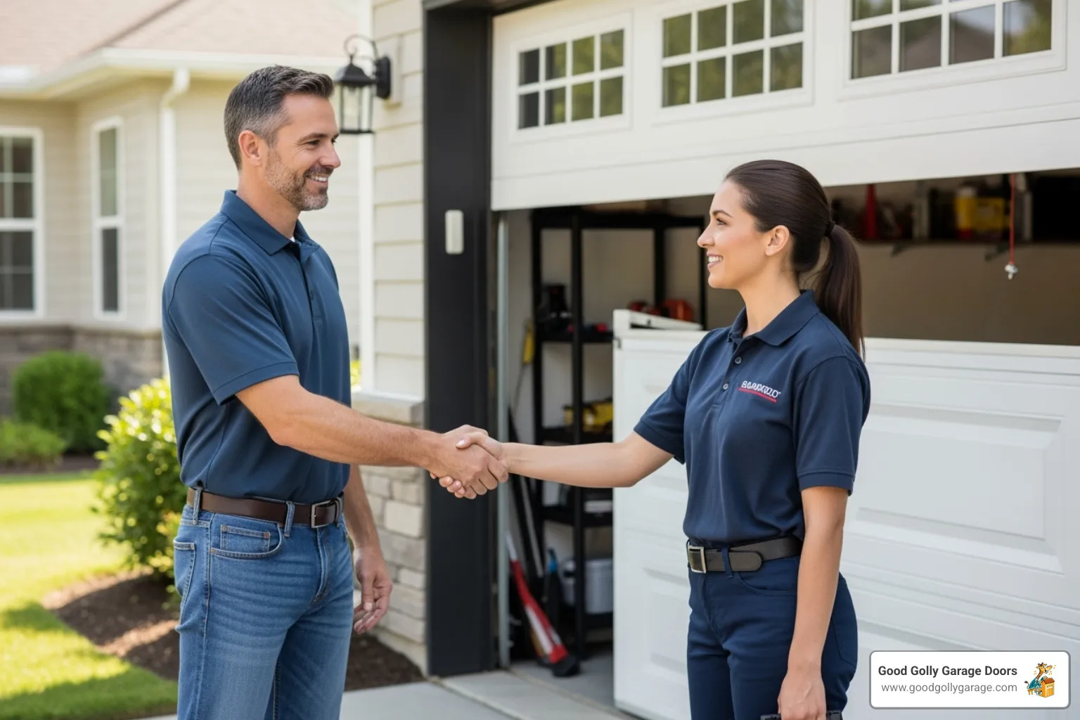 homeowner shaking hands with a garage door technician - professional garage door repair in las vegas nv