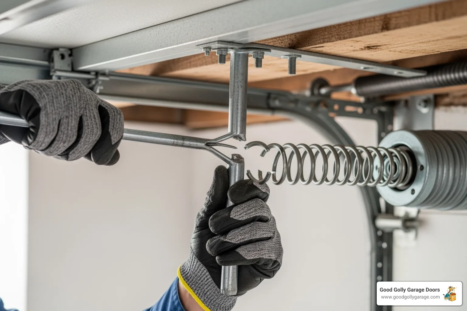 technician safely handling a broken garage door spring - professional garage door repair in las vegas nv