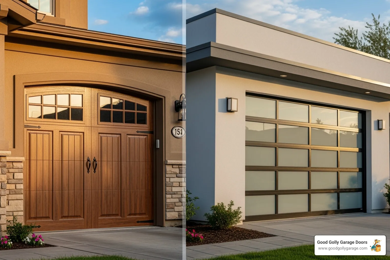 different garage door styles like carriage house and modern glass - custom garage door repair installation in lakeway tx