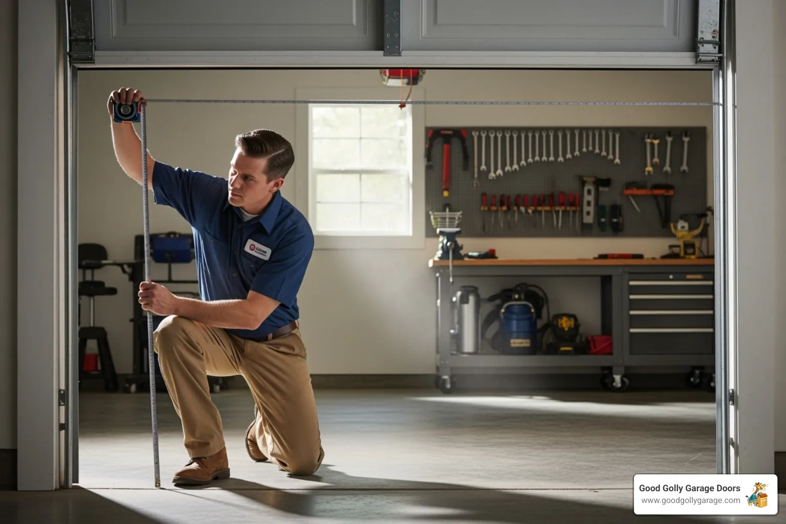 technician taking measurements for a custom garage door - custom garage door repair installation in lakeway tx