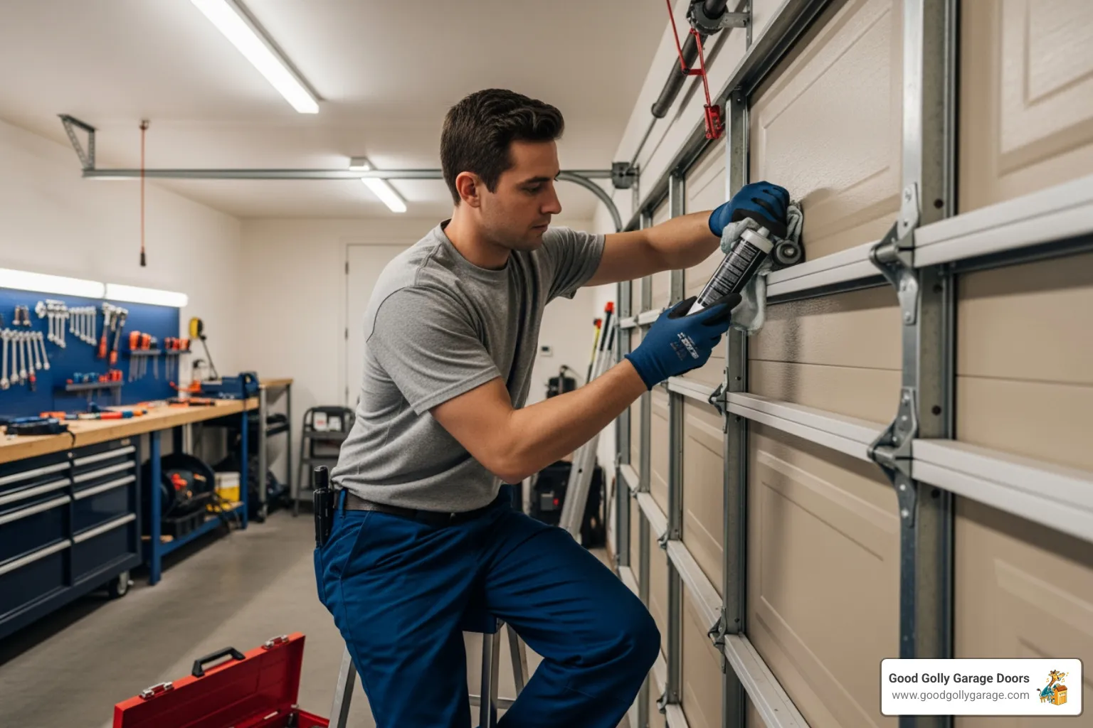 A professional garage door technician is meticulously lubricating the rollers and hinges of a garage door as part of a routine maintenance check. The garage is well-lit, and the technician is wearing gloves, demonstrating attention to detail and care for the homeowner's equipment. - Find companies in Las Vegas for emergency repair of garage doors.