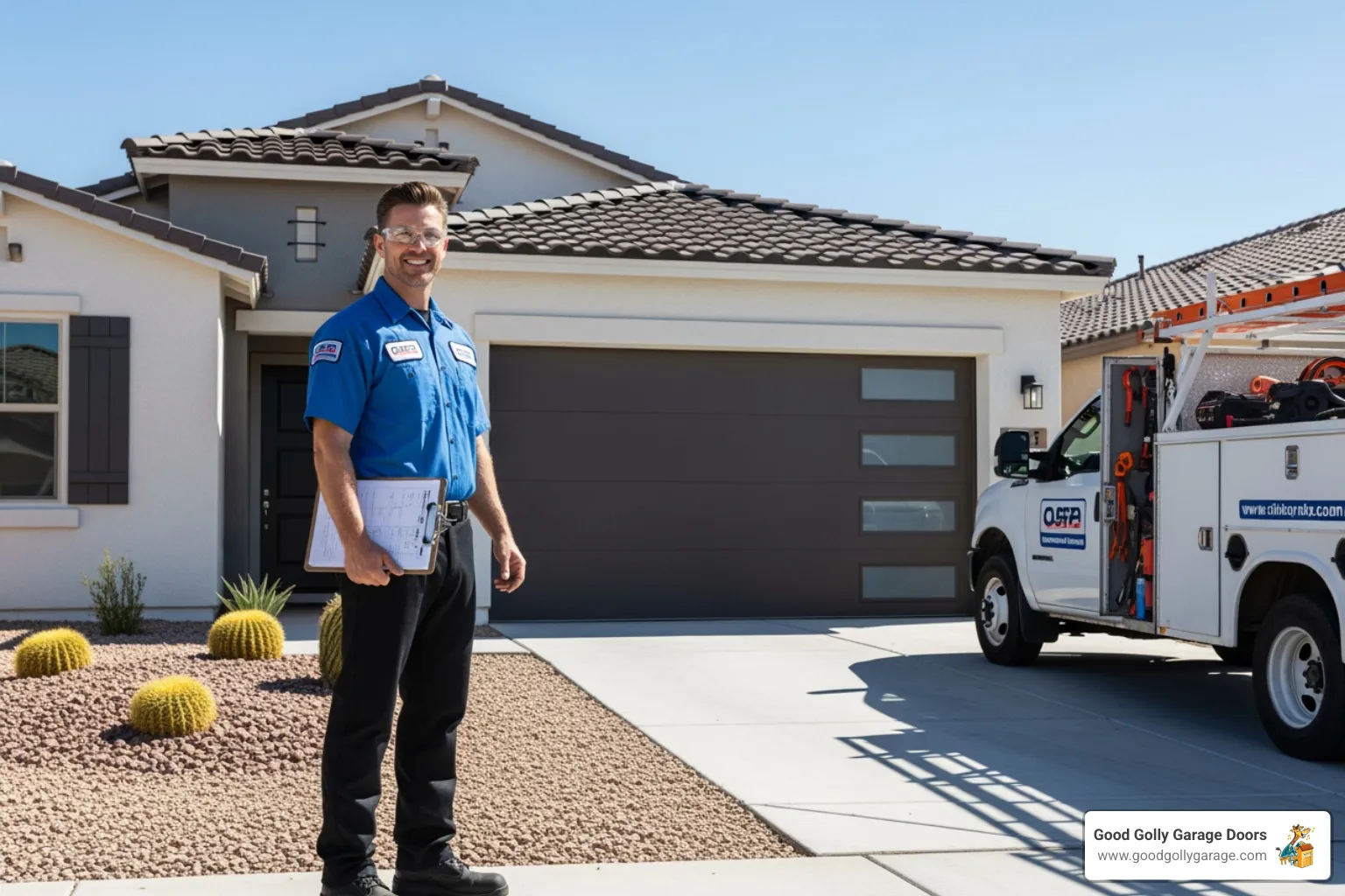 A friendly, professional garage door technician in uniform, wearing safety glasses, arriving at a modern Las Vegas suburban home in a fully stocked service truck. The technician is smiling and holding a clipboard, ready to assess the garage door issue. - Find companies in Las Vegas for emergency repair of garage doors.