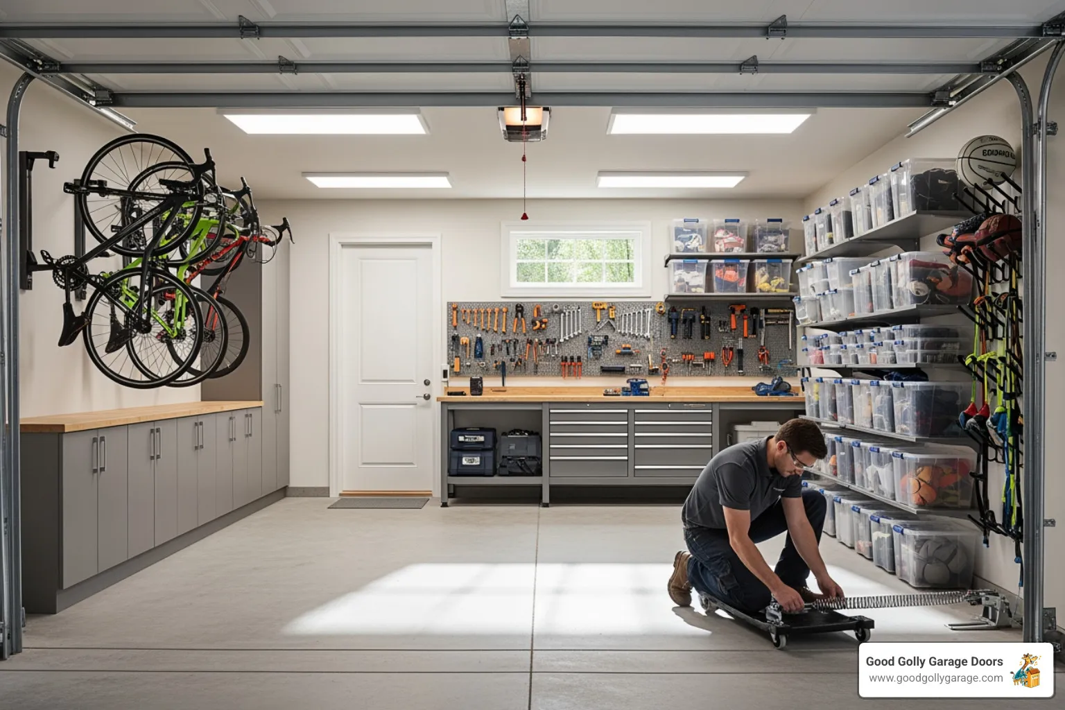 A clean and clear garage space, with the car moved out and any obstacles like bikes or storage boxes neatly arranged against the walls, ready for a garage door technician to work safely and efficiently. - Find companies in Las Vegas for emergency repair of garage doors.