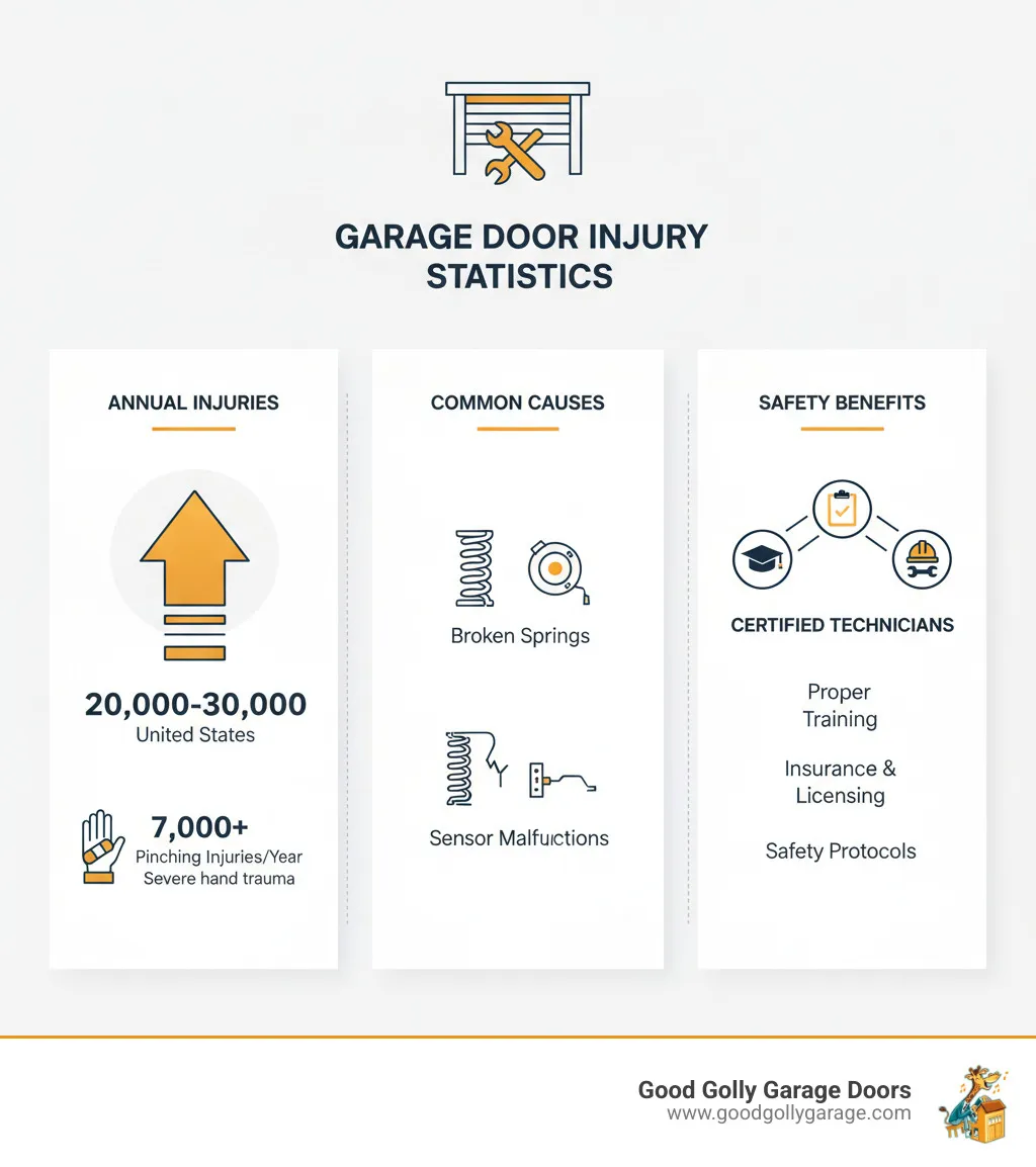 infographic showing statistics on garage door injuries including 20,000 to 30,000 annual injuries, over 7,000 pinching injuries per year, common causes like broken springs and malfunctioning sensors, and safety benefits of hiring certified technicians with proper training, insurance, and adherence to safety protocols - certified garage door repair technician in kyle tx infographic