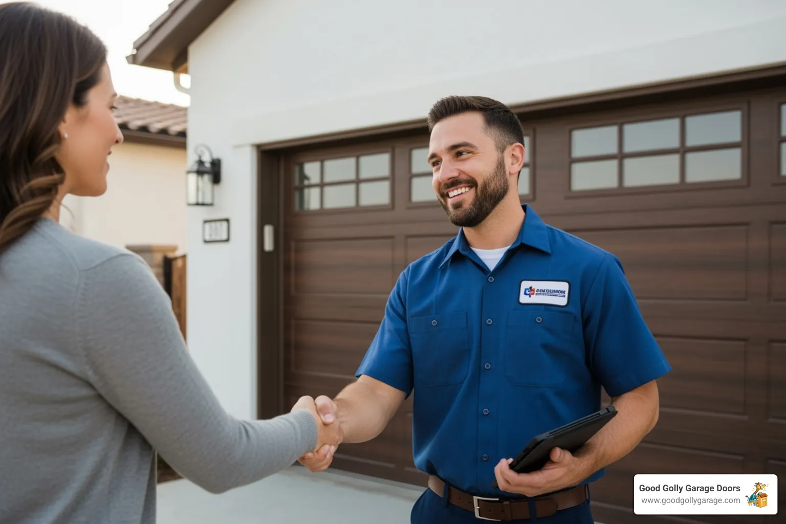 homeowner shaking hands with a friendly garage door technician - certified garage door repair technician in kyle tx