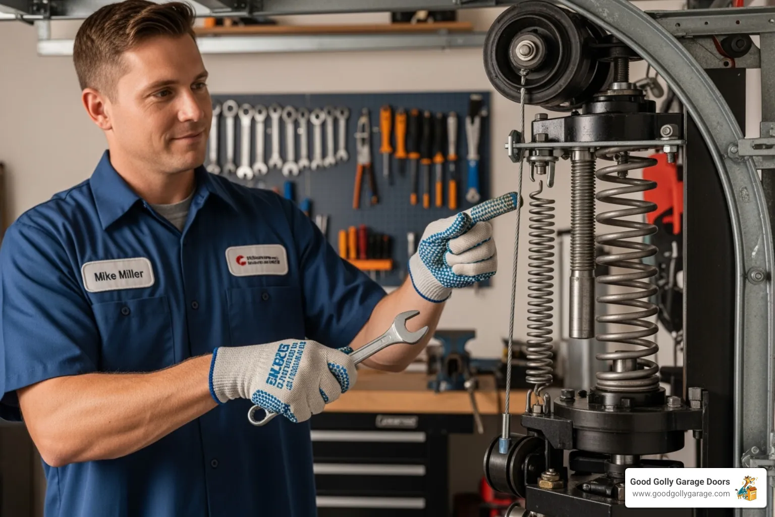 A friendly, professional garage door technician is shown inspecting the intricate components of a residential garage door system. - garage door repair in austin tx