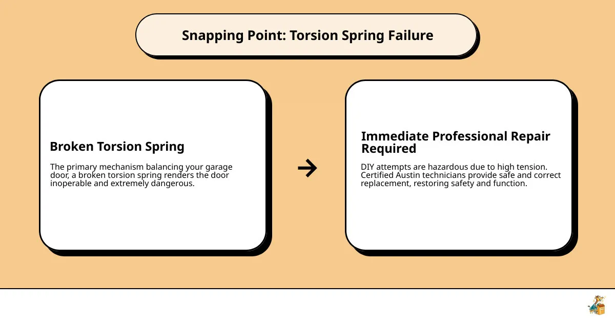 A close-up image of a garage door torsion spring that has clearly snapped in two, highlighting the need for professional repair. - garage door repair in austin tx