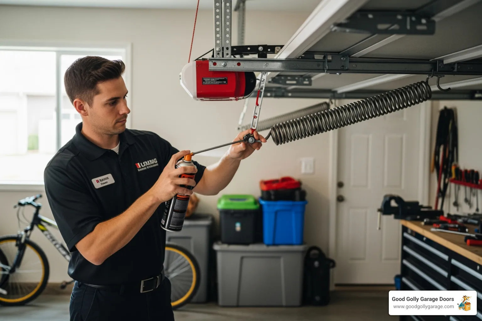 technician lubricating a garage door spring - My garage door spring is broken, find a garage door repairman near me in Las Vegas
