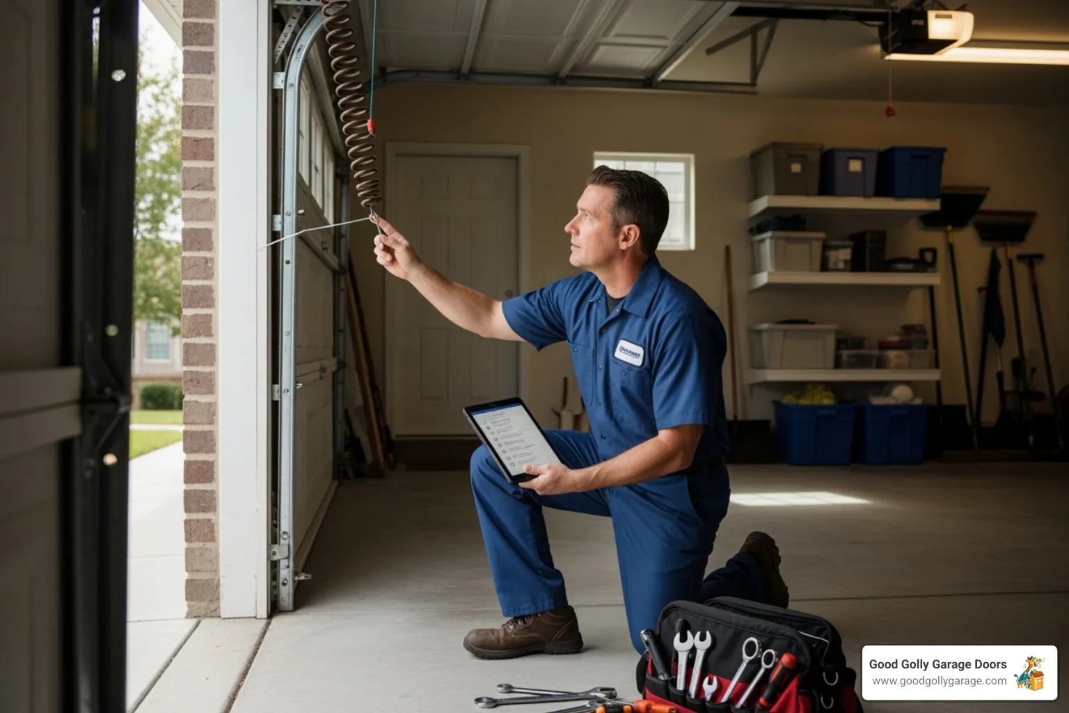 Good Golly Garage Doors technician performing a 26-point inspection on a garage door - certified garage door repair technician in lakeway tx