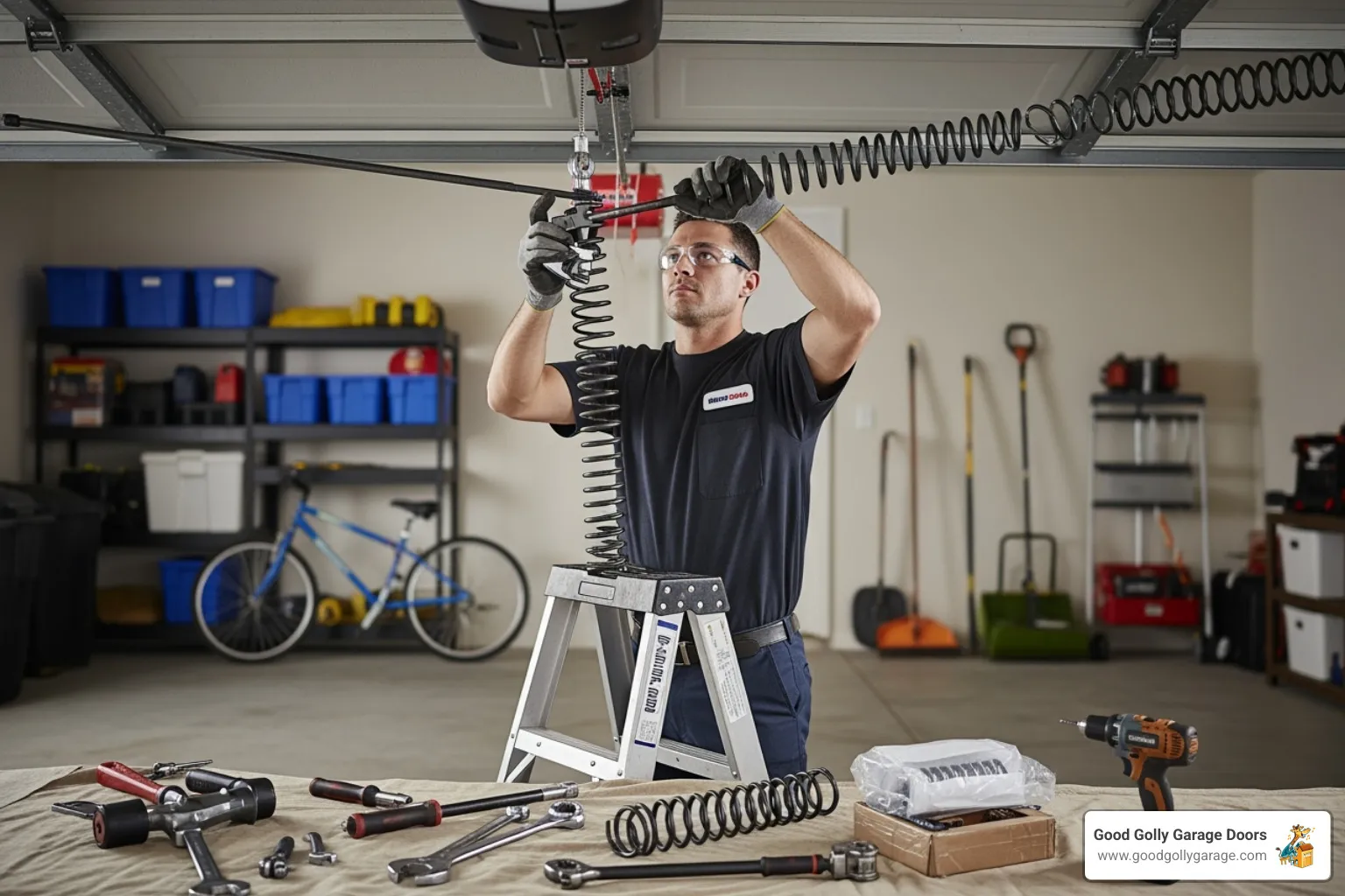 Good Golly Garage Doors technician repairing a broken garage door spring - certified garage door repair technician in lakeway tx