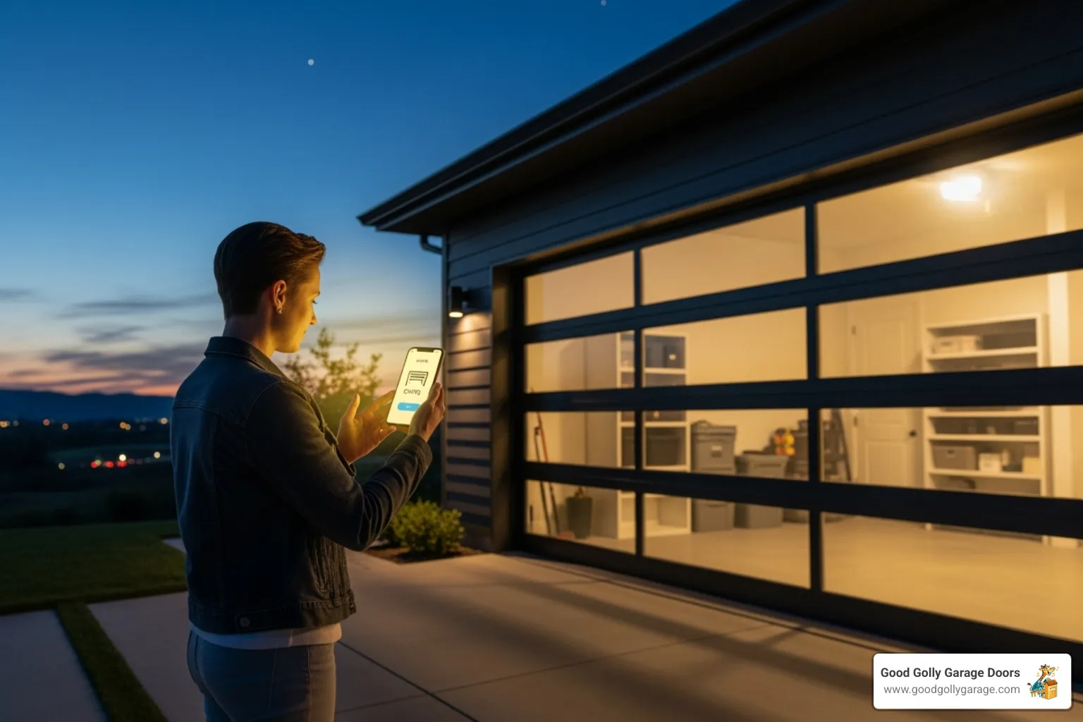 homeowner using a smartphone to open their garage door - certified garage door repair technician in lakeway tx