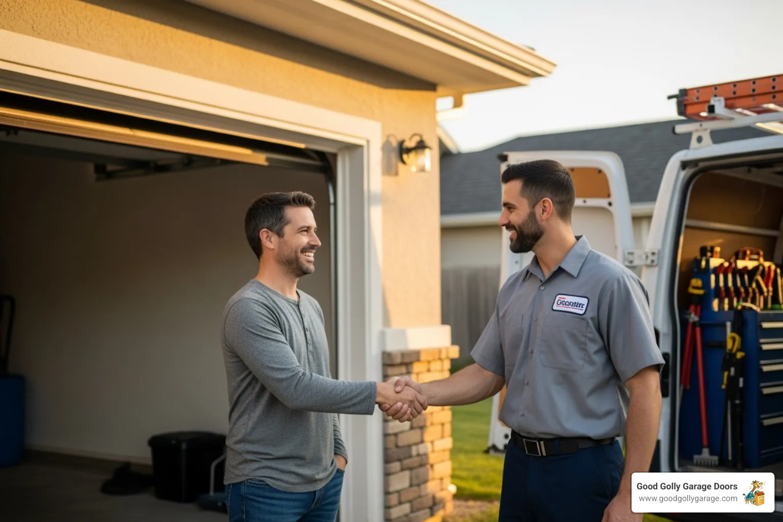 A homeowner shaking hands with a friendly garage door technician after a successful repair - certified garage door repair technician in dripping springs tx