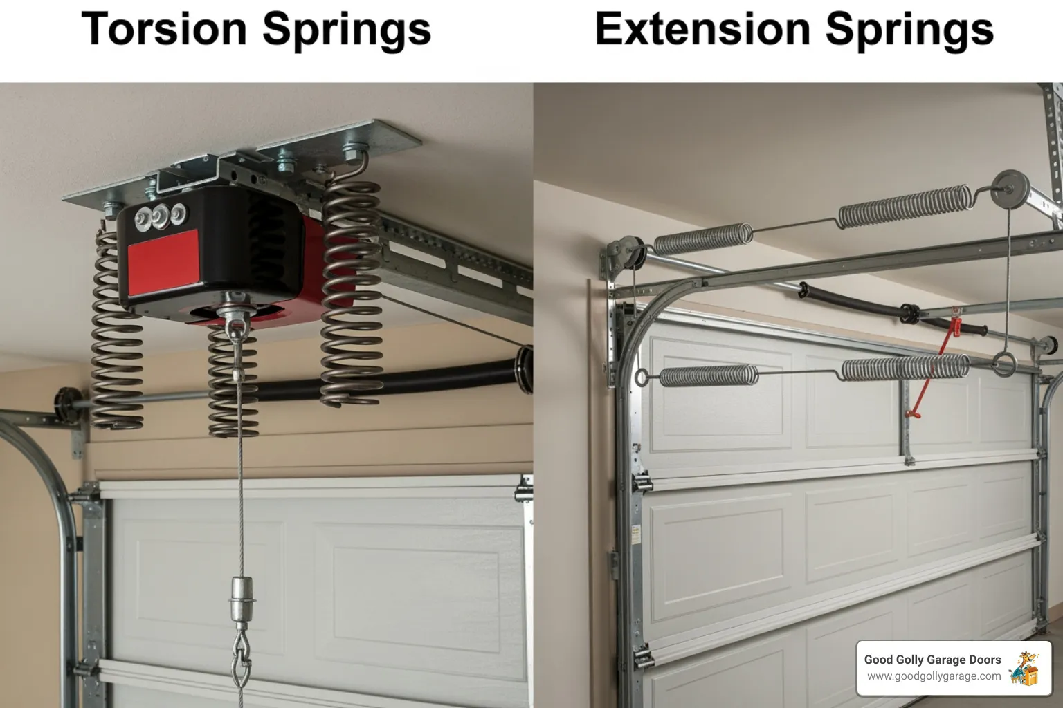 Image showing the difference between a torsion spring mounted above the garage door and extension springs located along the side tracks - Who offers reliable garage door spring replacement in Austin?