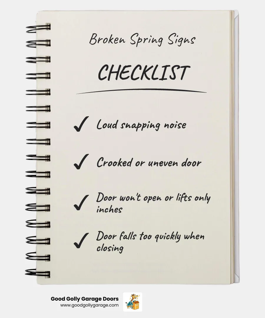 Infographic showing five warning signs of a broken garage door spring: a loud bang or snap sound, door hanging crooked or uneven, door refusing to open or only lifting inches, door falling too quickly when closing, and visible gaps or separation in the spring coils - Who offers reliable garage door spring replacement in Austin? infographic checklist-notebook