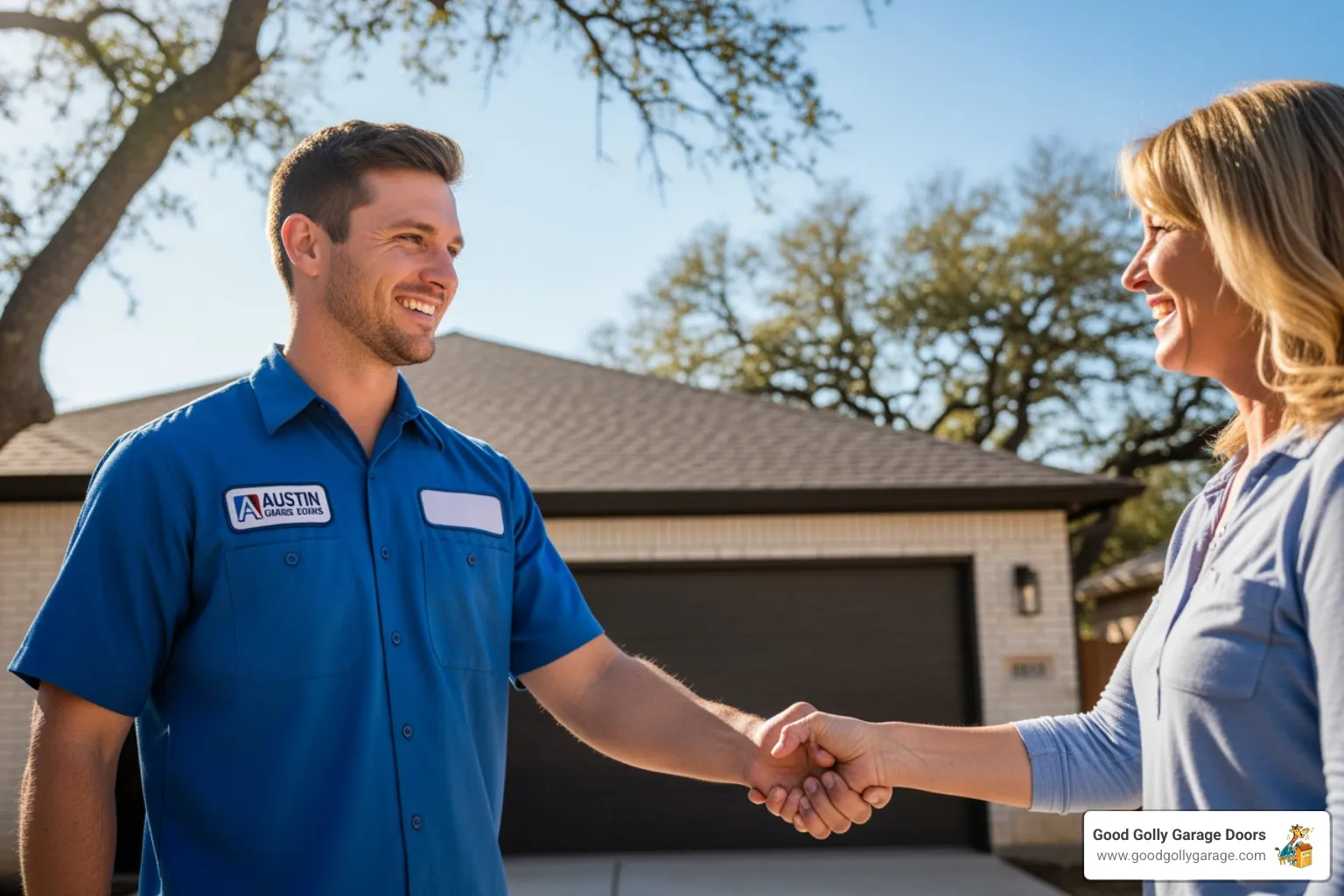 A friendly and professional garage door technician from Good Golly Garage Doors smiling and shaking hands with a satisfied Austin homeowner - Who offers reliable garage door spring replacement in Austin?