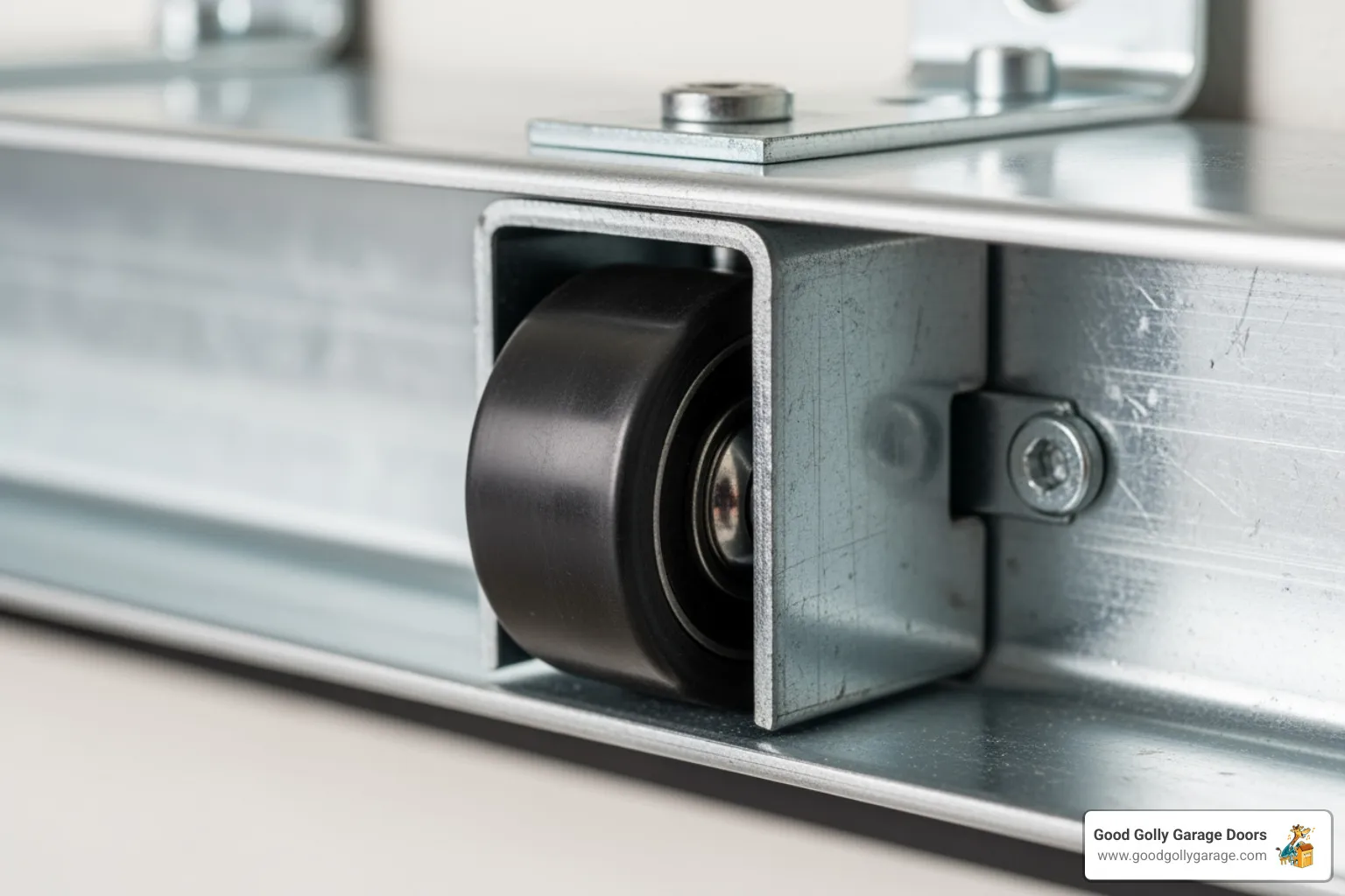 close-up on garage door rollers moving within a clean track - noisy garage door spring valley lake ca