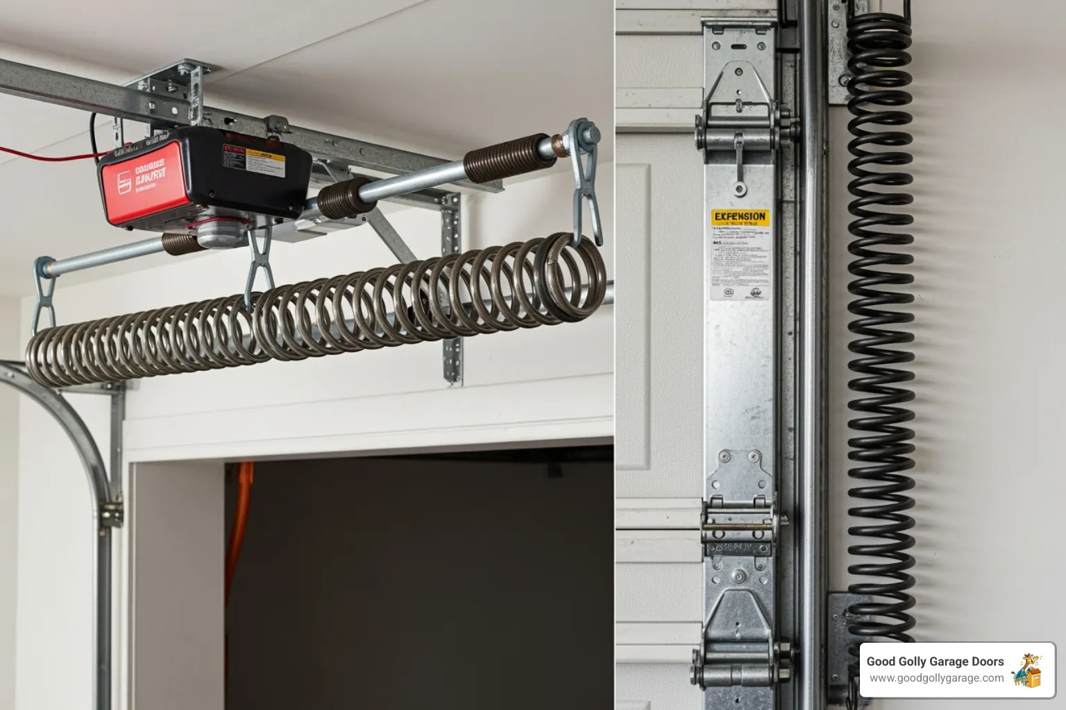 side-by-side comparison of a torsion spring (above the door) and an extension spring (along the side) - noisy garage door spring valley lake ca