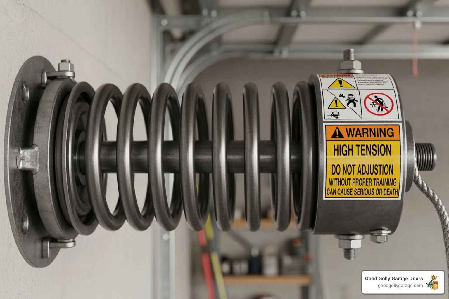 garage door torsion spring with a warning label - garage door repairs