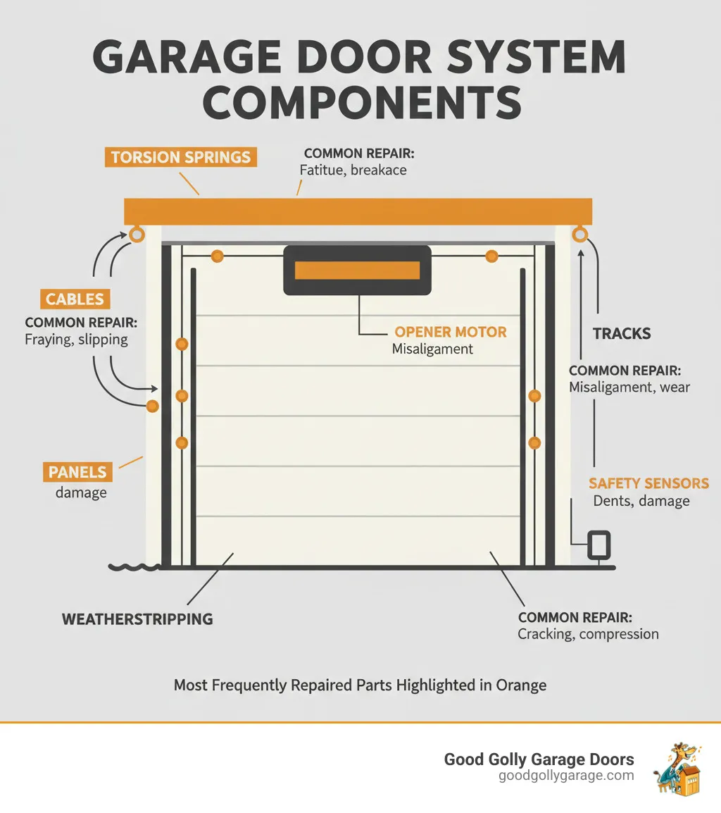 infographic showing the main components of a garage door system including torsion springs, cables, tracks, rollers, panels, opener motor, safety sensors, and weatherstripping, with labels indicating which parts most commonly need repair - garage door repairs infographic
