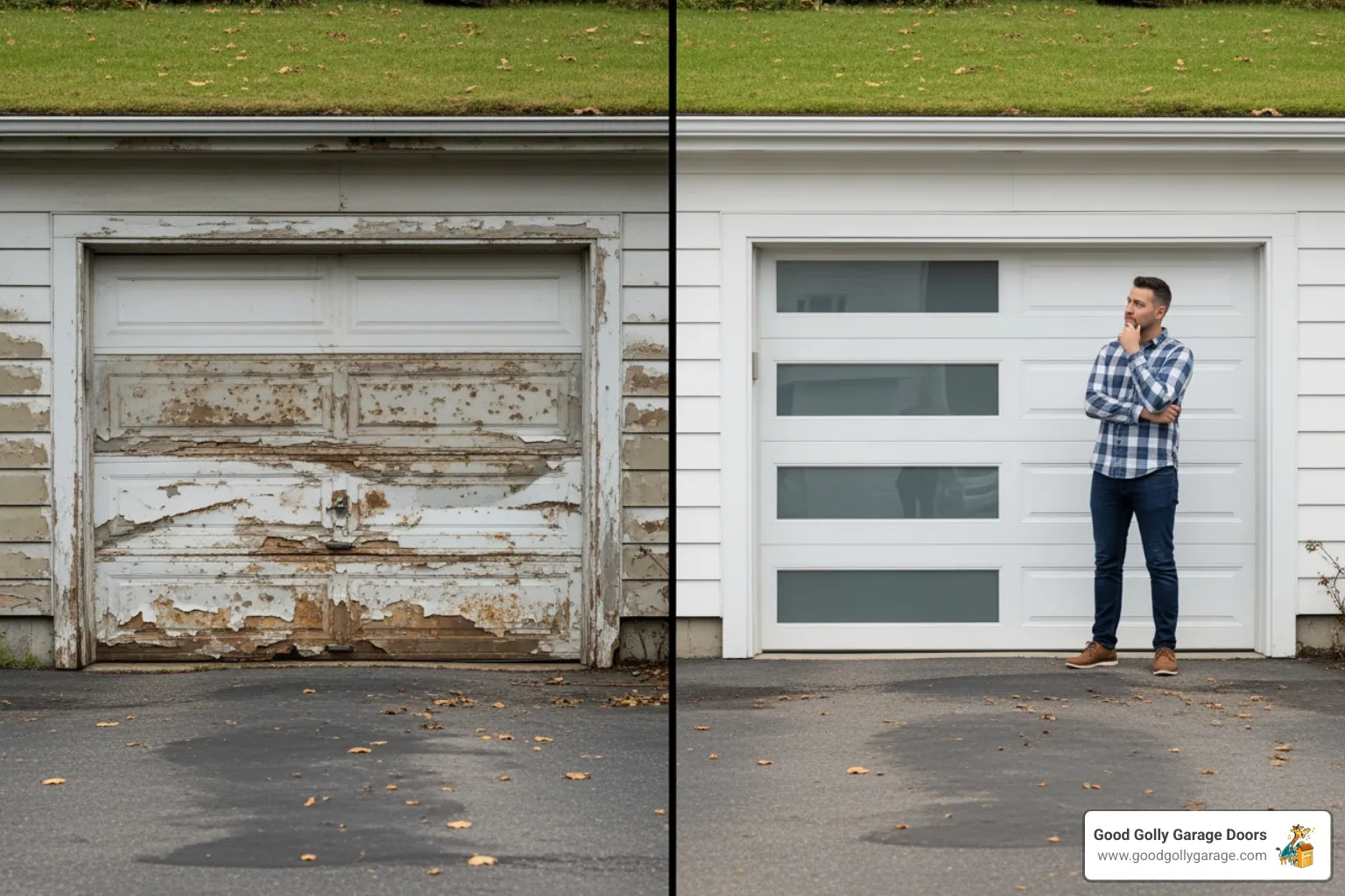 A homeowner comparing an old, damaged garage door with a new, stylish one - professional garage door repair in north las vegas nv
