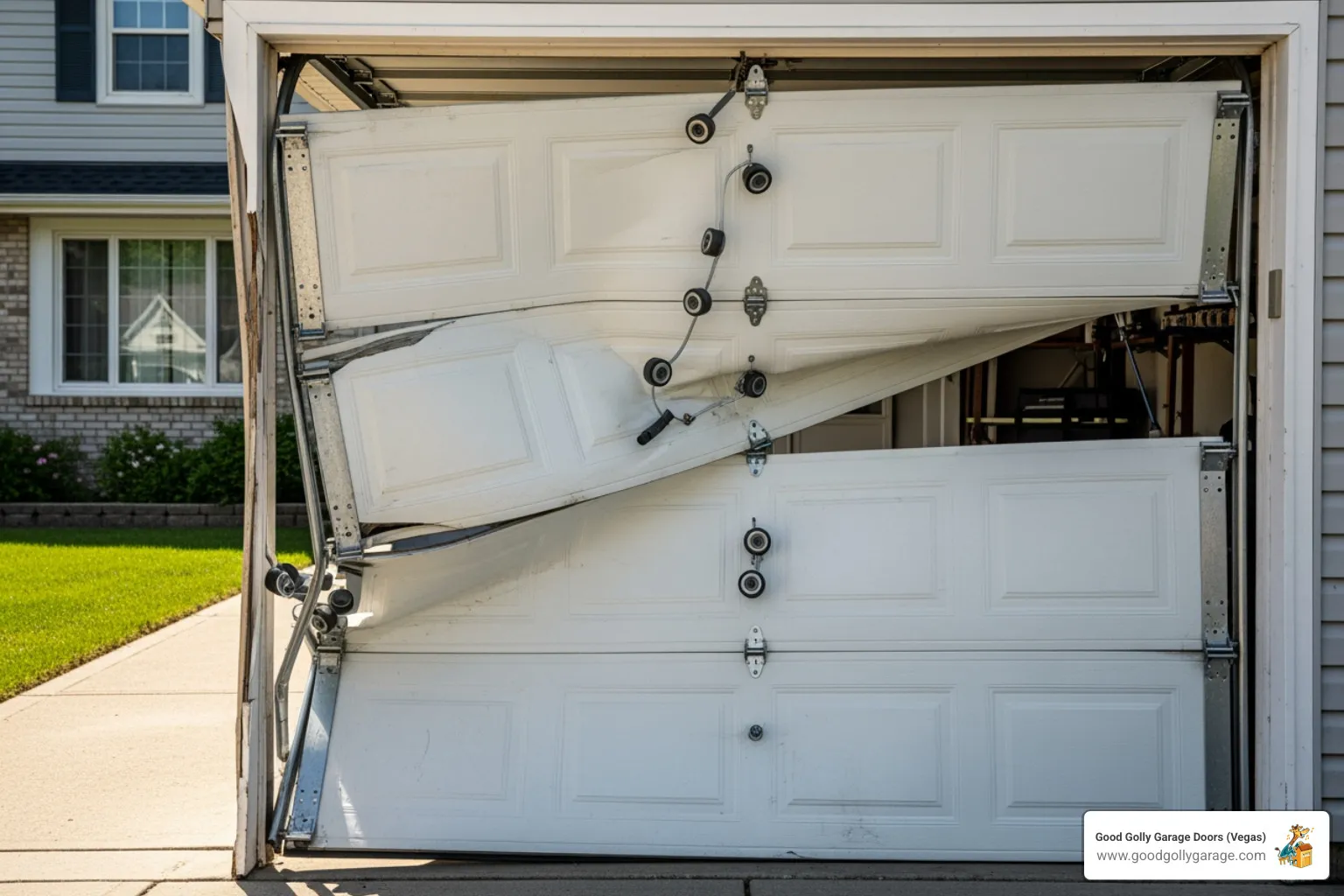 A garage door that is off its tracks, showing a damaged panel and misaligned rollers. - best garage door repair henderson nv