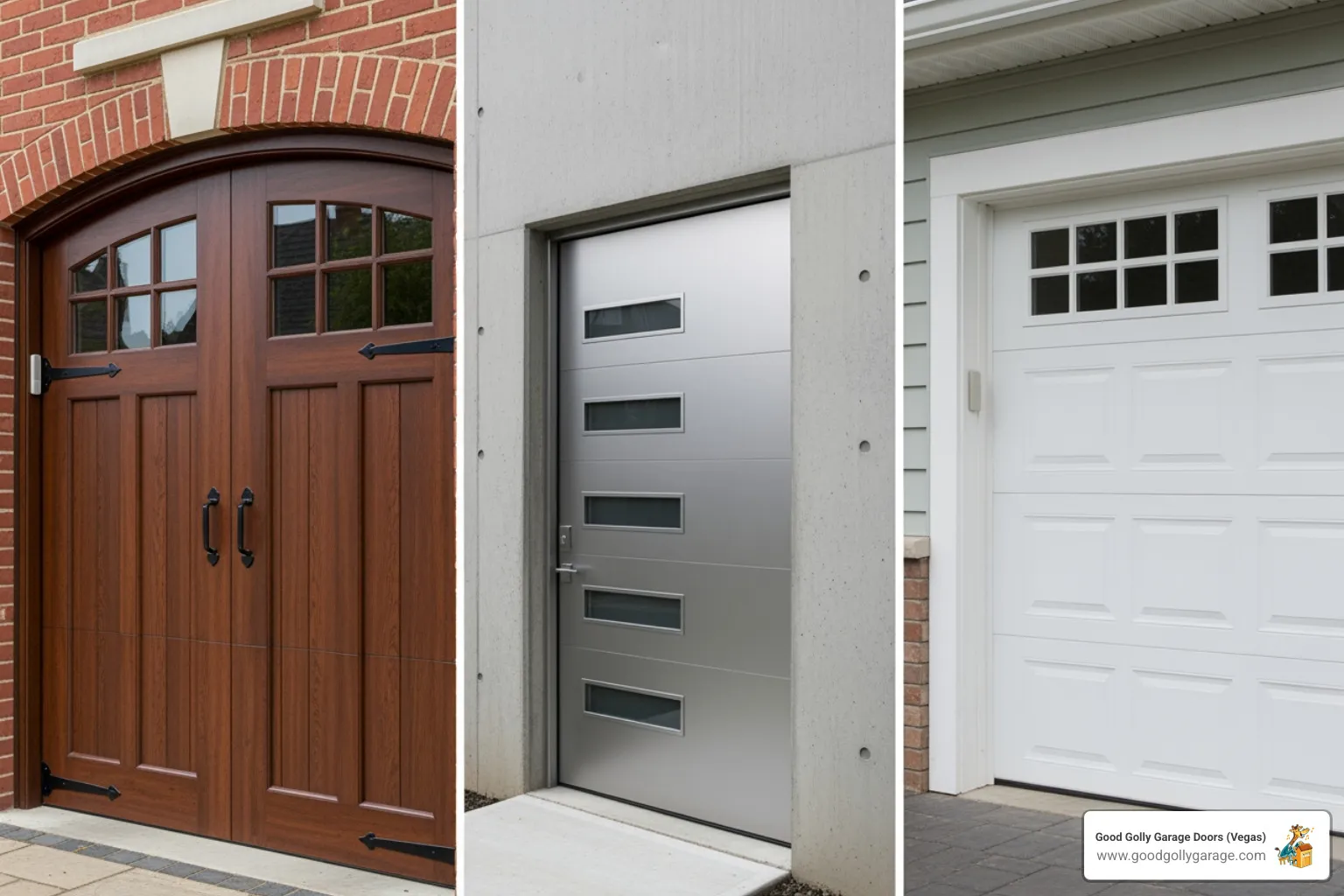 A collage showcasing various garage door styles: a classic carriage house door, a sleek modern flush panel door, and a traditional raised panel door, highlighting different aesthetic options. - best garage door repair henderson nv