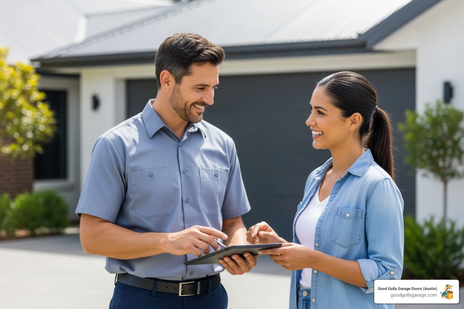 friendly technician discussing options with a homeowner - Best Garage Door Installation in Bee Cave, TX