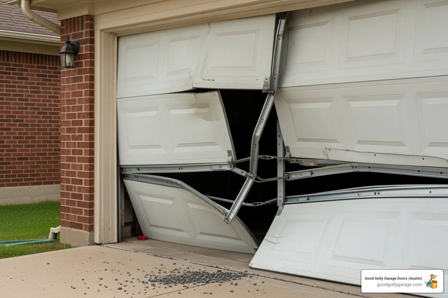 A garage door that is visibly crooked or off-track, with a bent track section - broken garage door repair in liberty hill tx