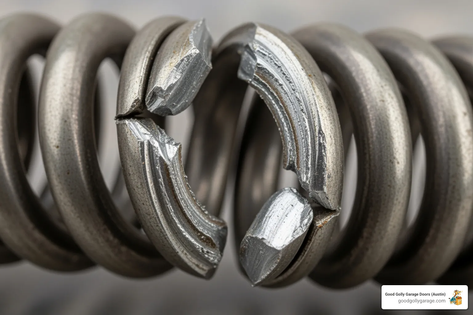A close-up image of a broken garage door torsion spring, clearly showing the break in the coil - broken garage door repair in liberty hill tx