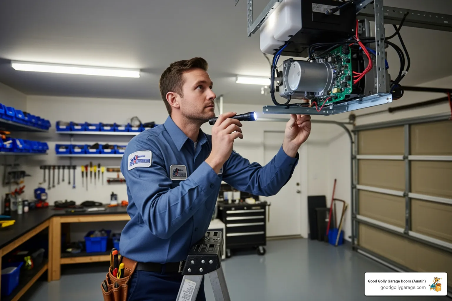 Technician inspecting a garage door opener - emergency broken garage door in spanish oaks tx