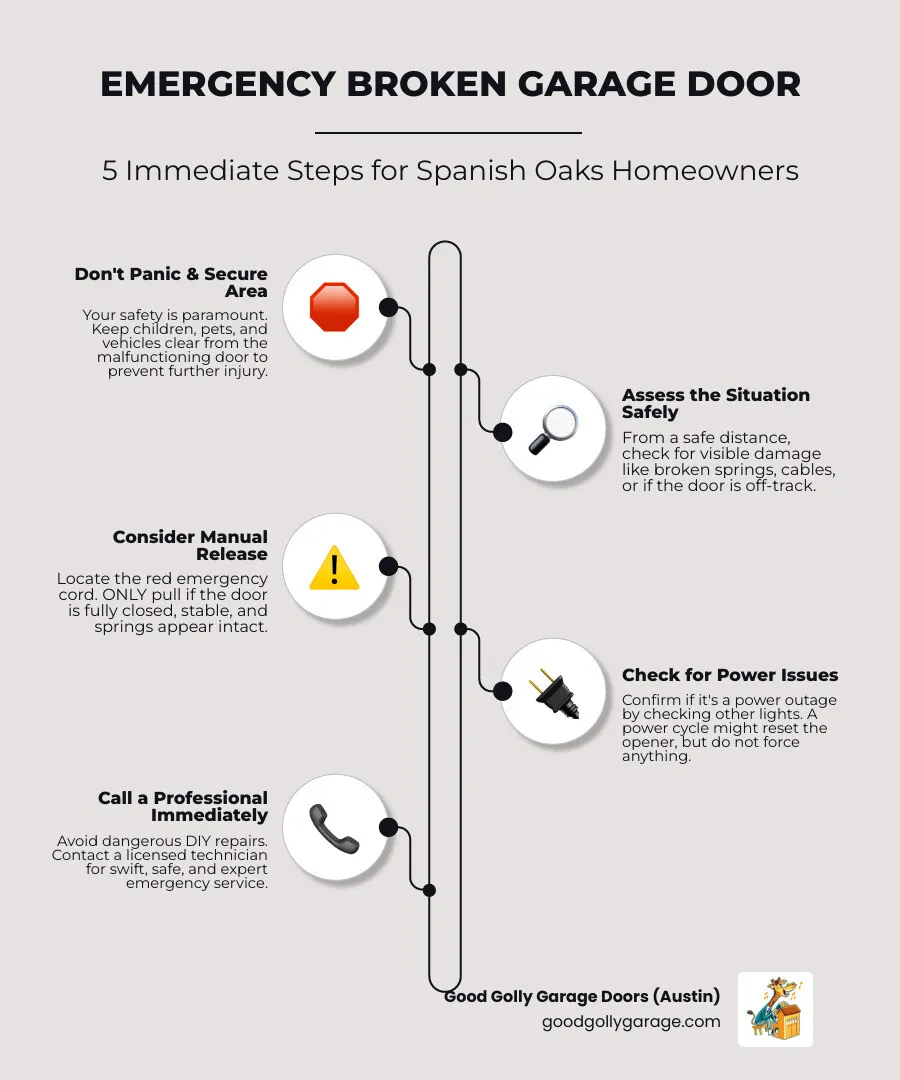 Infographic showing three critical steps for a garage door emergency: Step 1 - Stop using the door immediately and keep the area clear; Step 2 - Locate the manual release cord (red handle) but only use if the door is stable; Step 3 - Call a licensed technician for safe, professional repair within hours - emergency broken garage door in spanish oaks tx infographic infographic-line-5-steps-elegant_beige