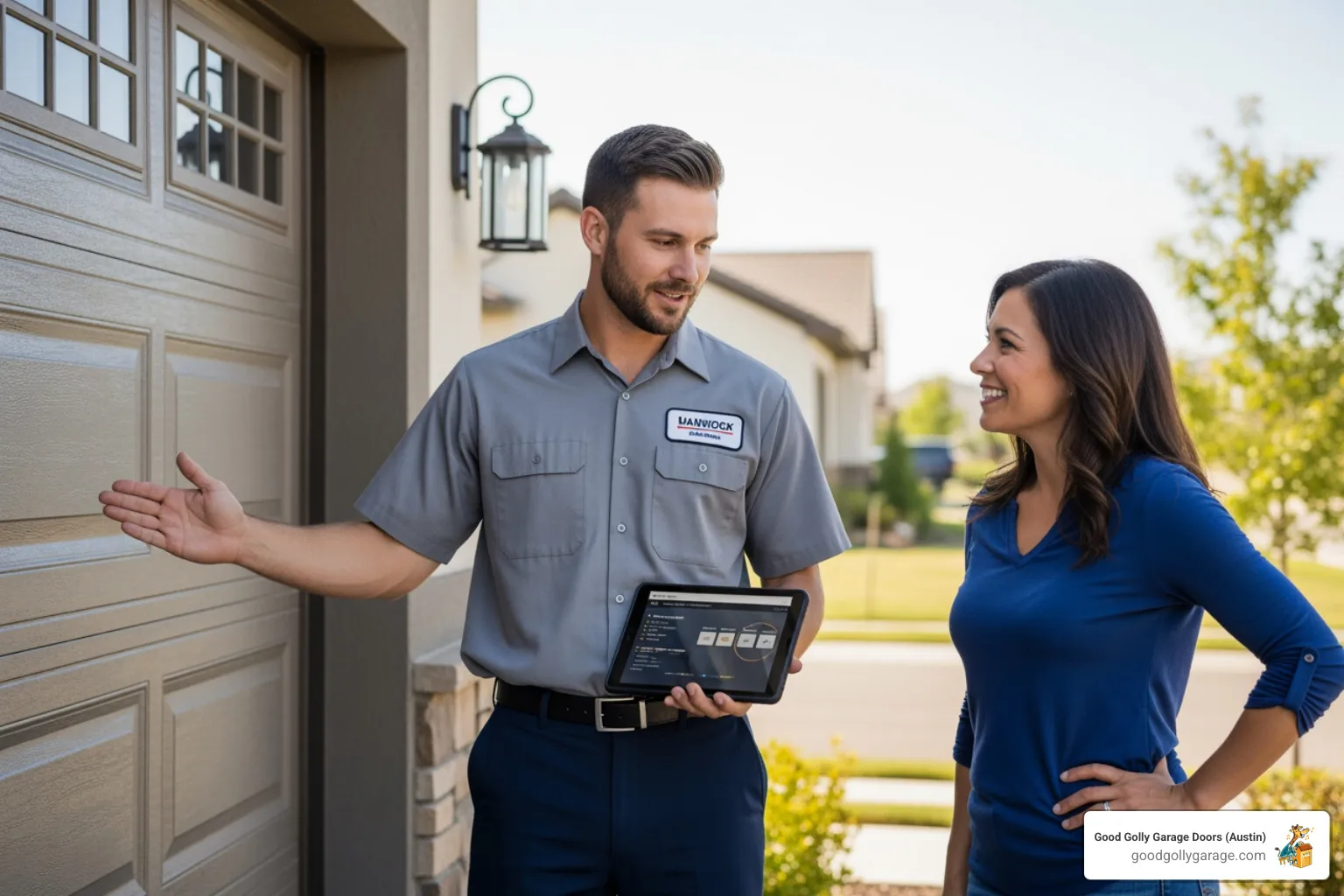 Friendly technician talking to a homeowner - emergency broken garage door in spanish oaks tx