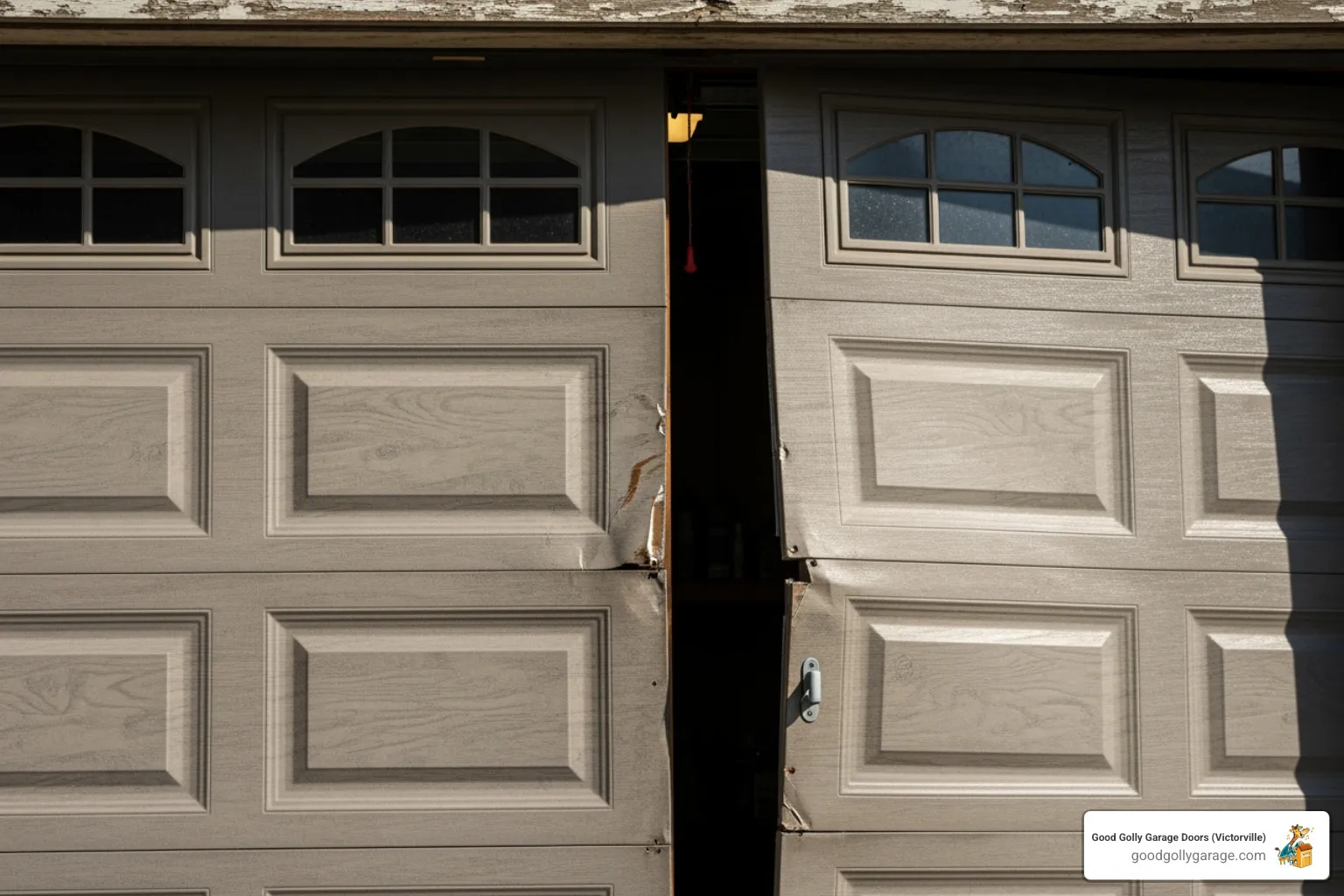 A garage door with a visible gap on one side, indicating it's off-track - broken garage door repair in big bear ca