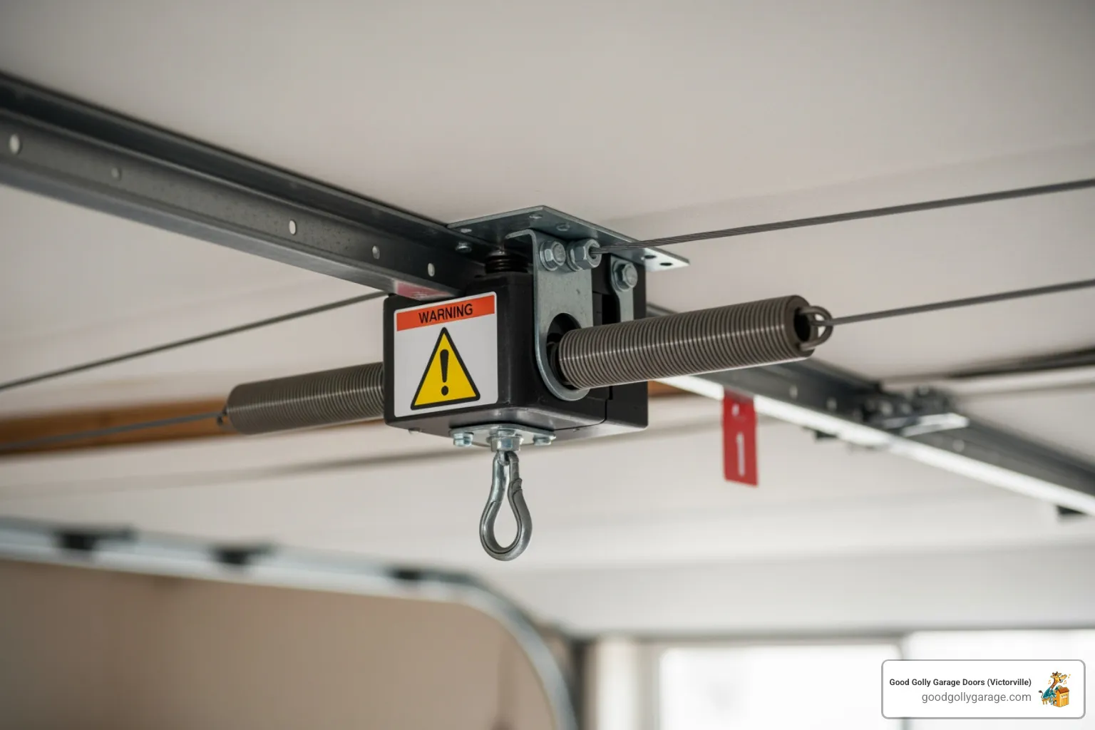 Safety warning signs near garage door springs and cables - broken garage door repair in big bear ca