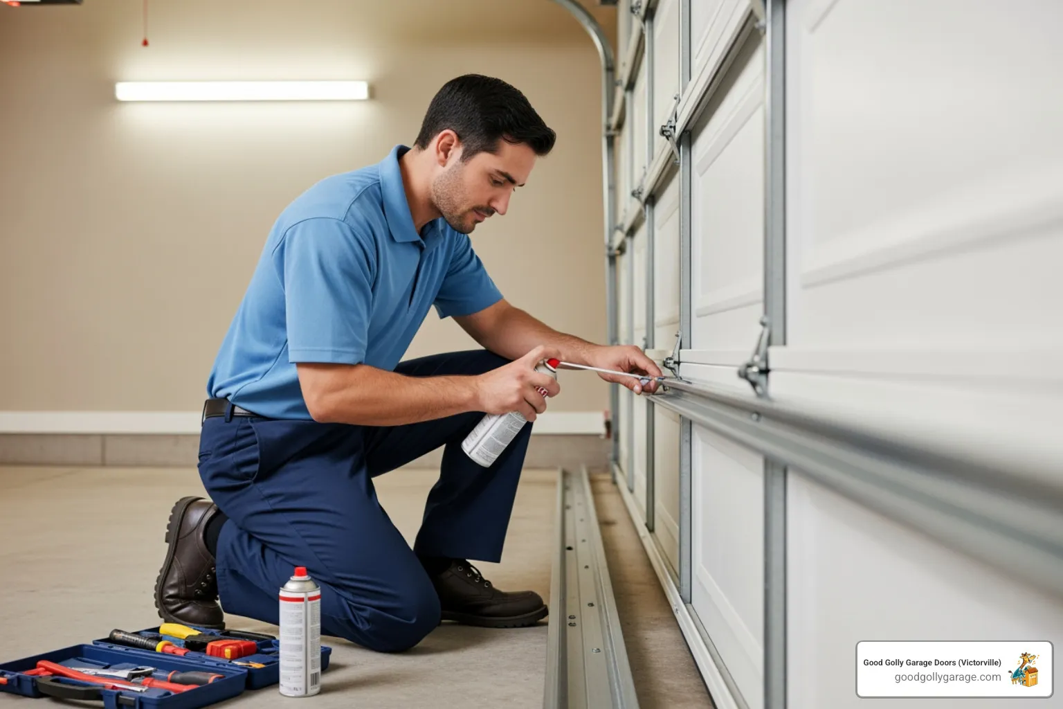 A technician lubricating garage door tracks - broken garage door repair in big bear ca