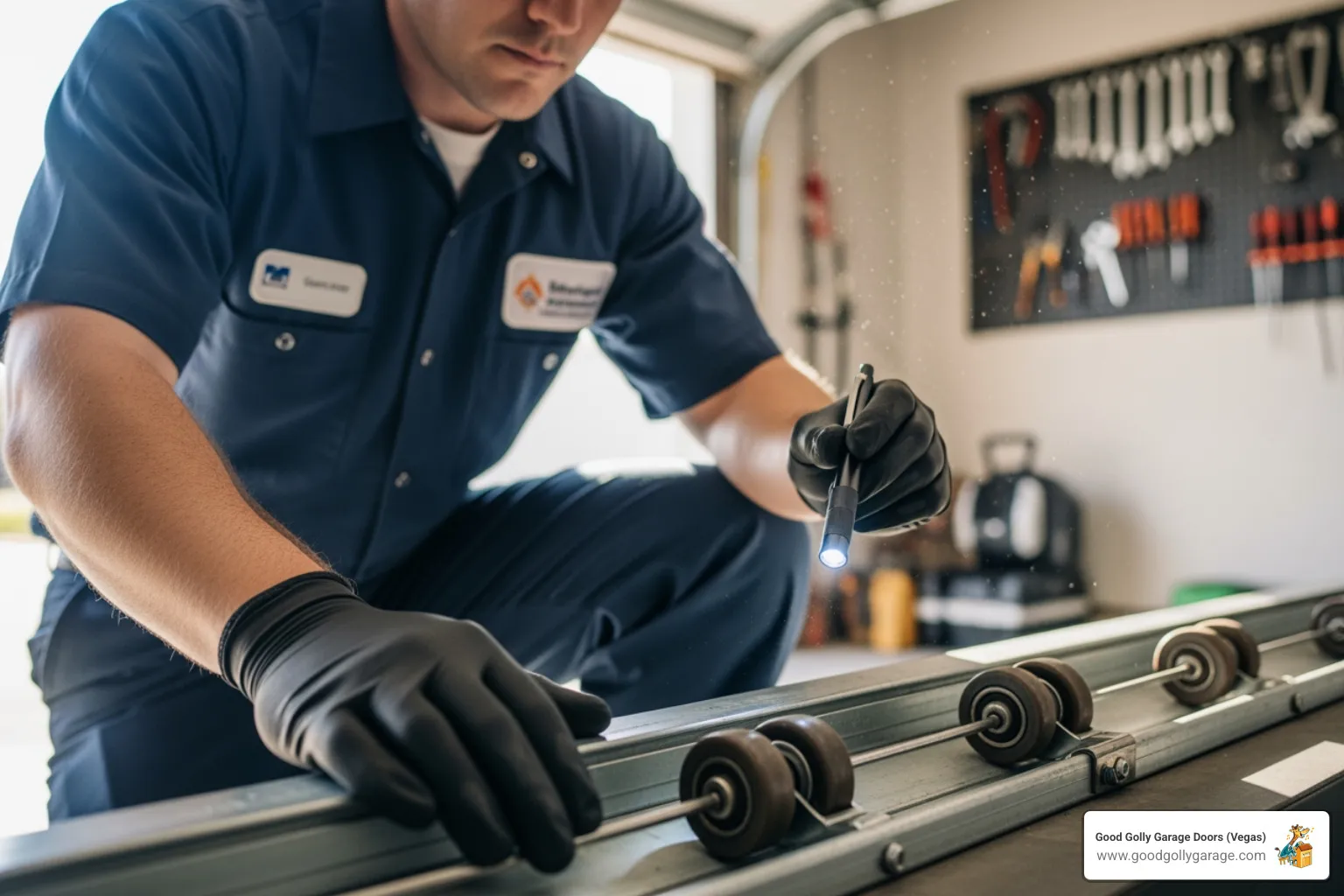 technician inspecting garage door rollers on a track - garage door maintenance las vegas nv