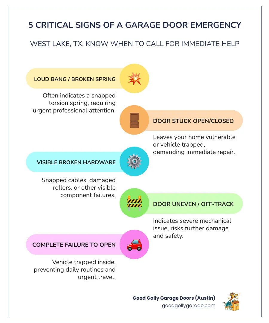 Infographic showing the 5 critical signs of a garage door emergency: 1) Loud bang indicating broken spring, 2) Door stuck open or closed, 3) Visible broken cables or hardware, 4) Door hanging unevenly or off-track, 5) Complete failure to open with vehicle trapped inside. Includes safety warning symbols and "Call Professional Help Immediately" banner - emergency broken garage door in west lake tx infographic infographic-line-5-steps-colors