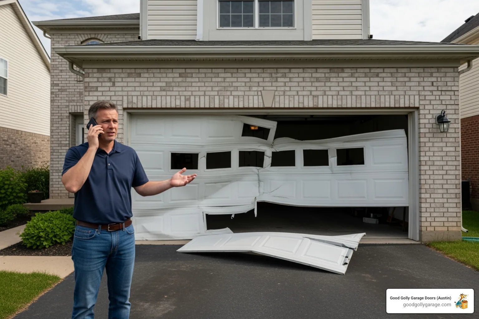 homeowner on the phone looking at their broken garage door - emergency broken garage door in west lake tx