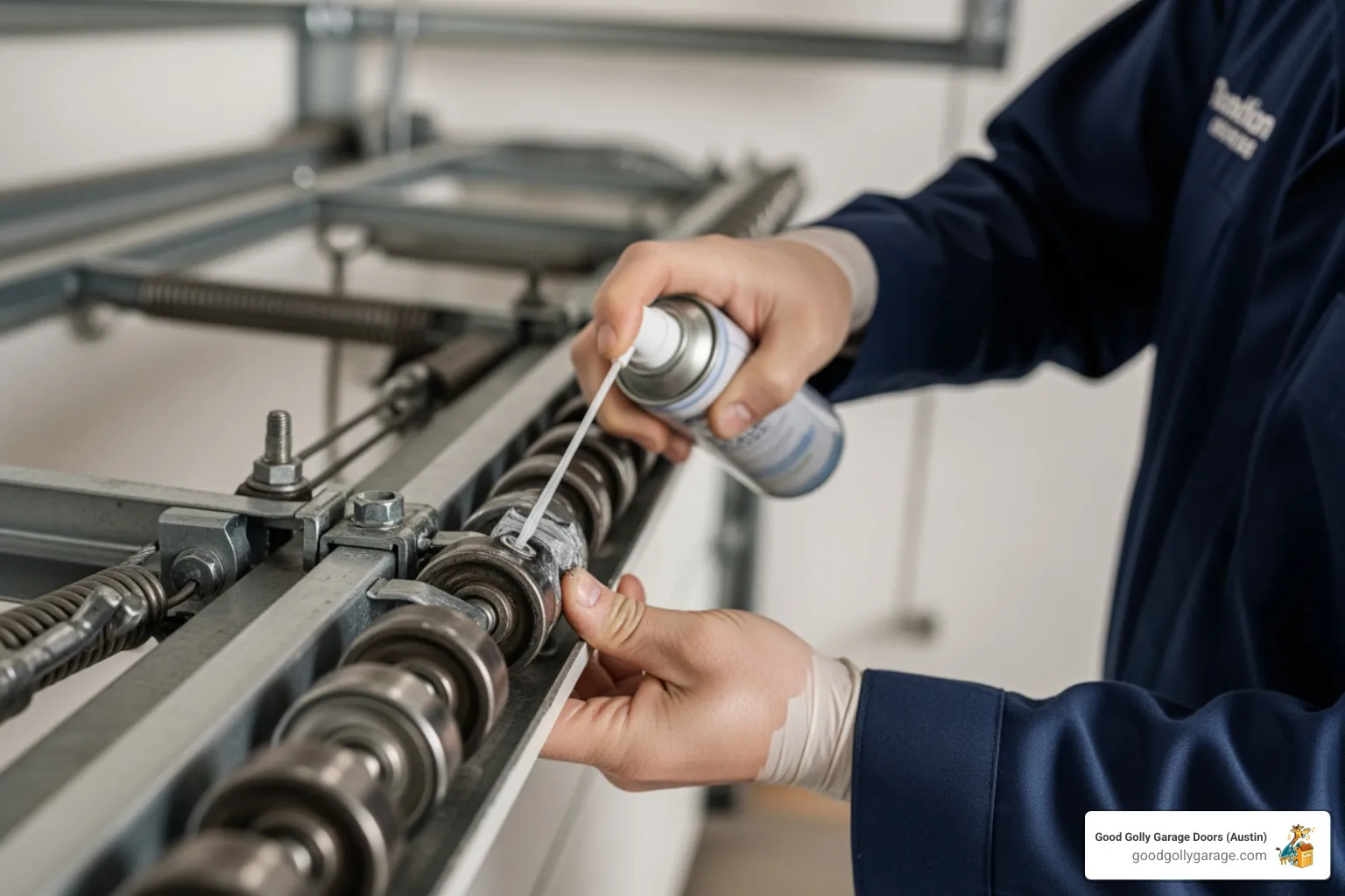 technician lubricating garage door rollers - emergency broken garage door in west lake tx