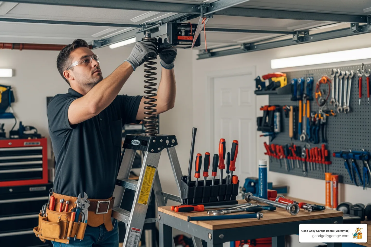 professional technician wearing safety glasses and gloves, carefully working on a garage door spring - broken garage door repair in spring valley lake ca