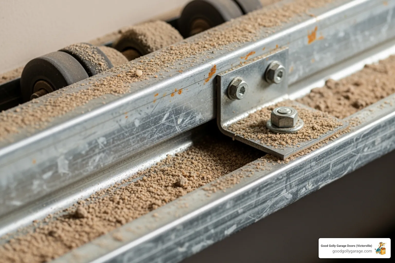 dusty garage door track with sand and debris - broken garage door repair in spring valley lake ca