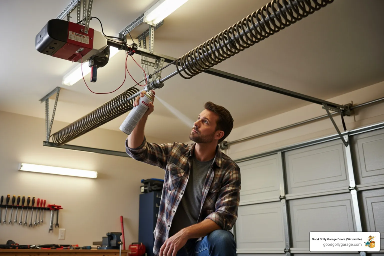 homeowner lubricating a garage door spring with an appropriate spray lubricant - broken garage door repair in spring valley lake ca
