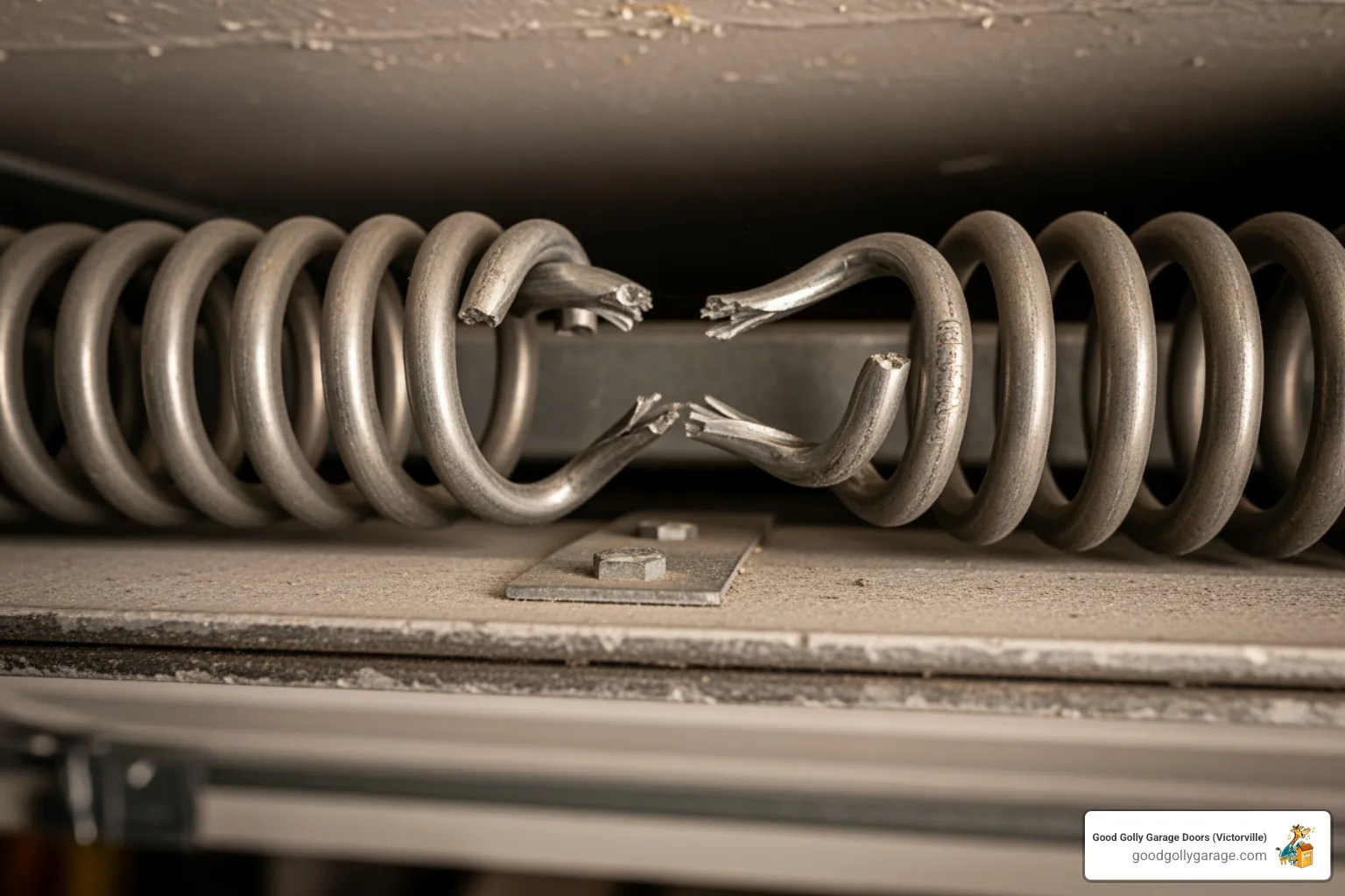 close-up of a snapped torsion spring with a visible gap - broken garage door repair in spring valley lake ca