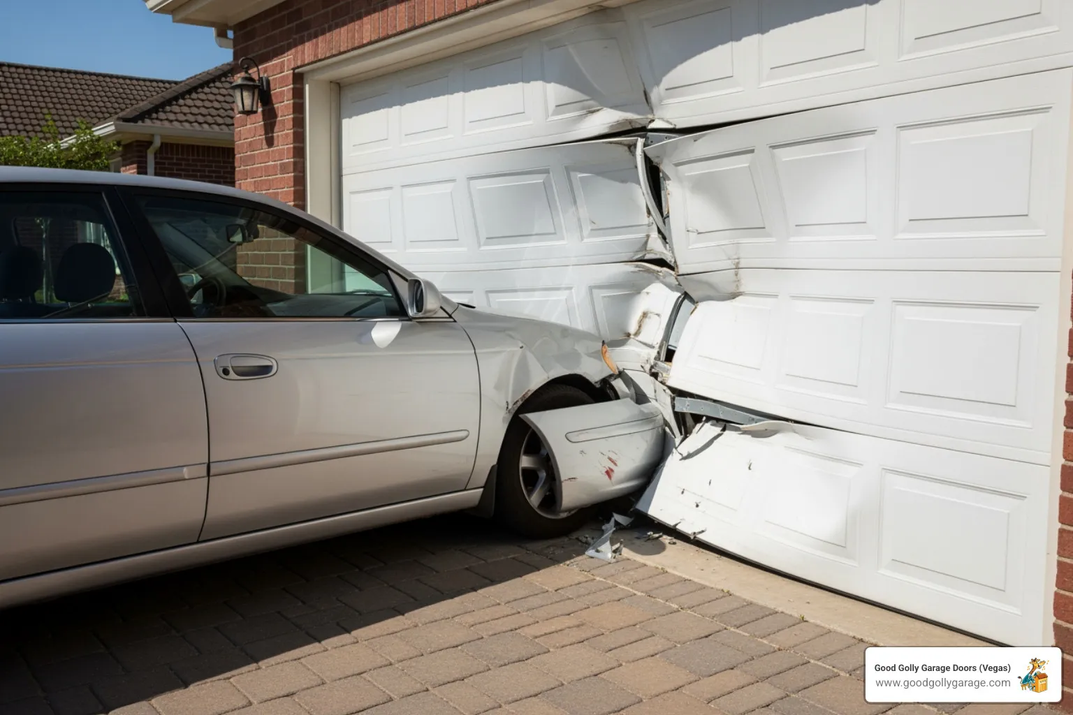 A car accidentally backing into a garage door, causing damage and misalignment - emergency garage door off track anthem nv