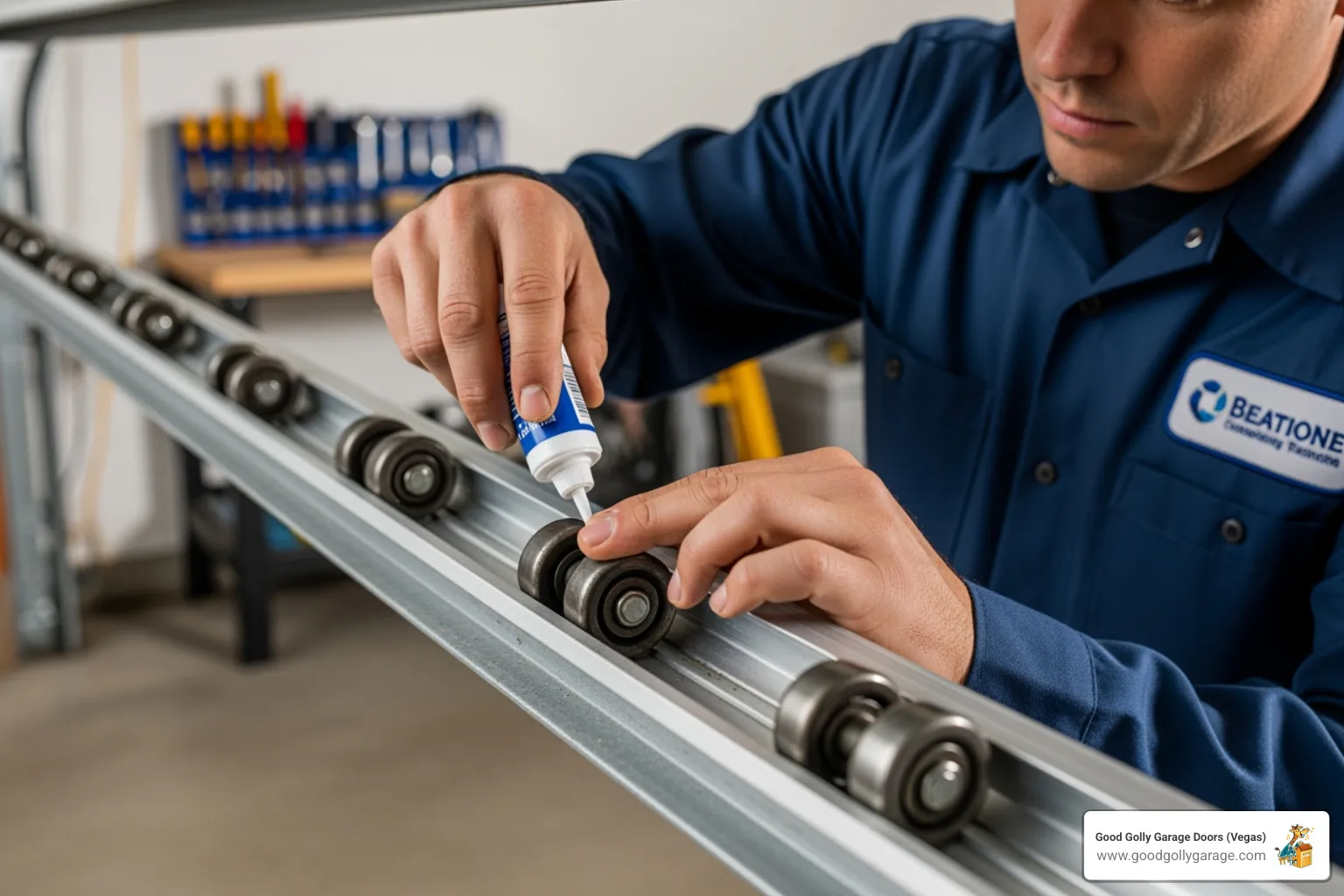 A technician lubricating garage door rollers as part of a maintenance check - emergency garage door off track anthem nv